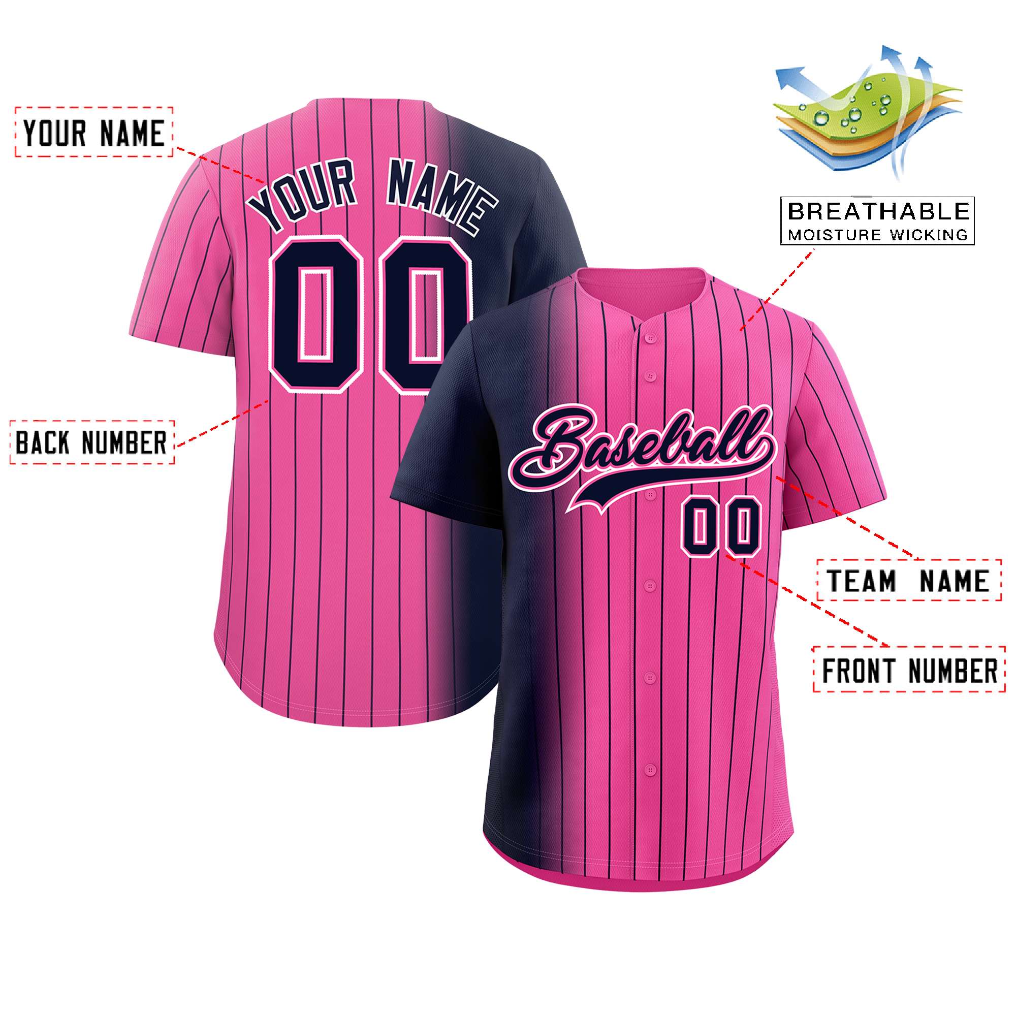 Custom Pink Navy Pinstripe Personalized Gradient Authentic Baseball Jersey