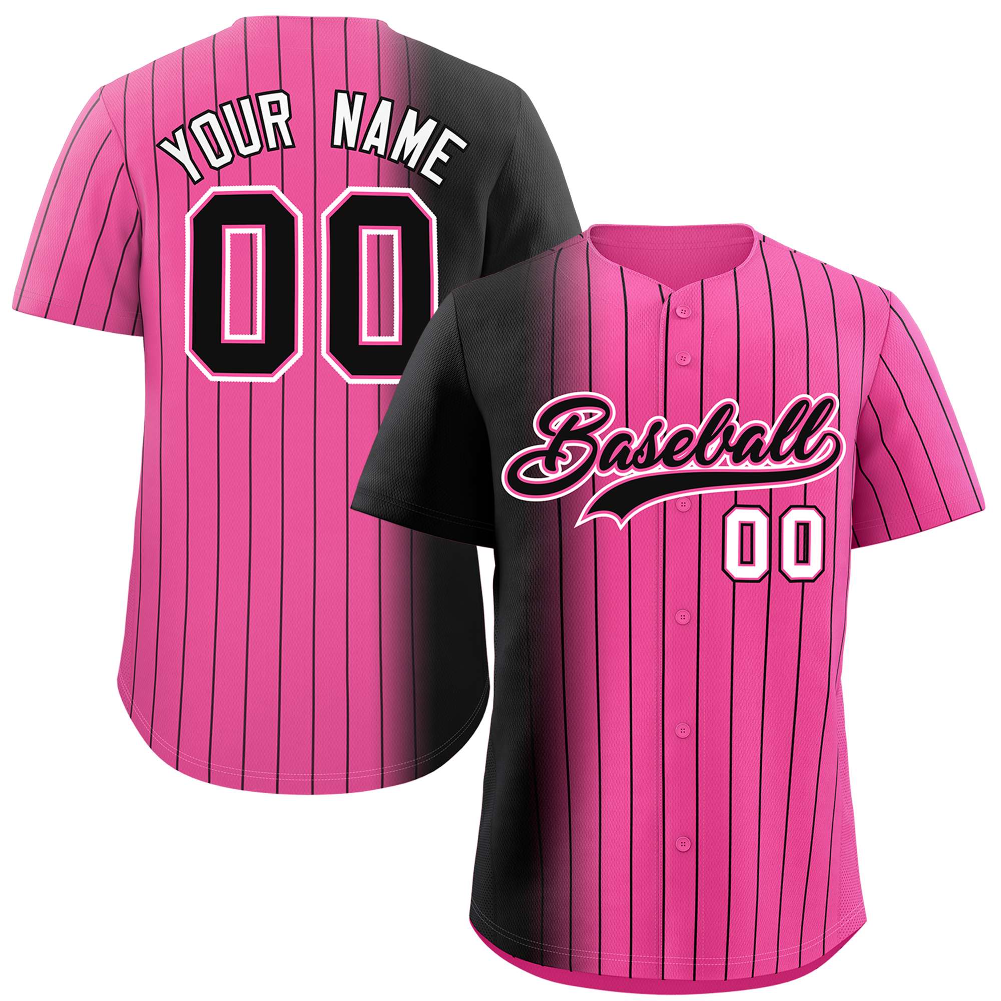 Custom Pink Black Pinstripe Personalized Gradient Authentic Baseball Jersey