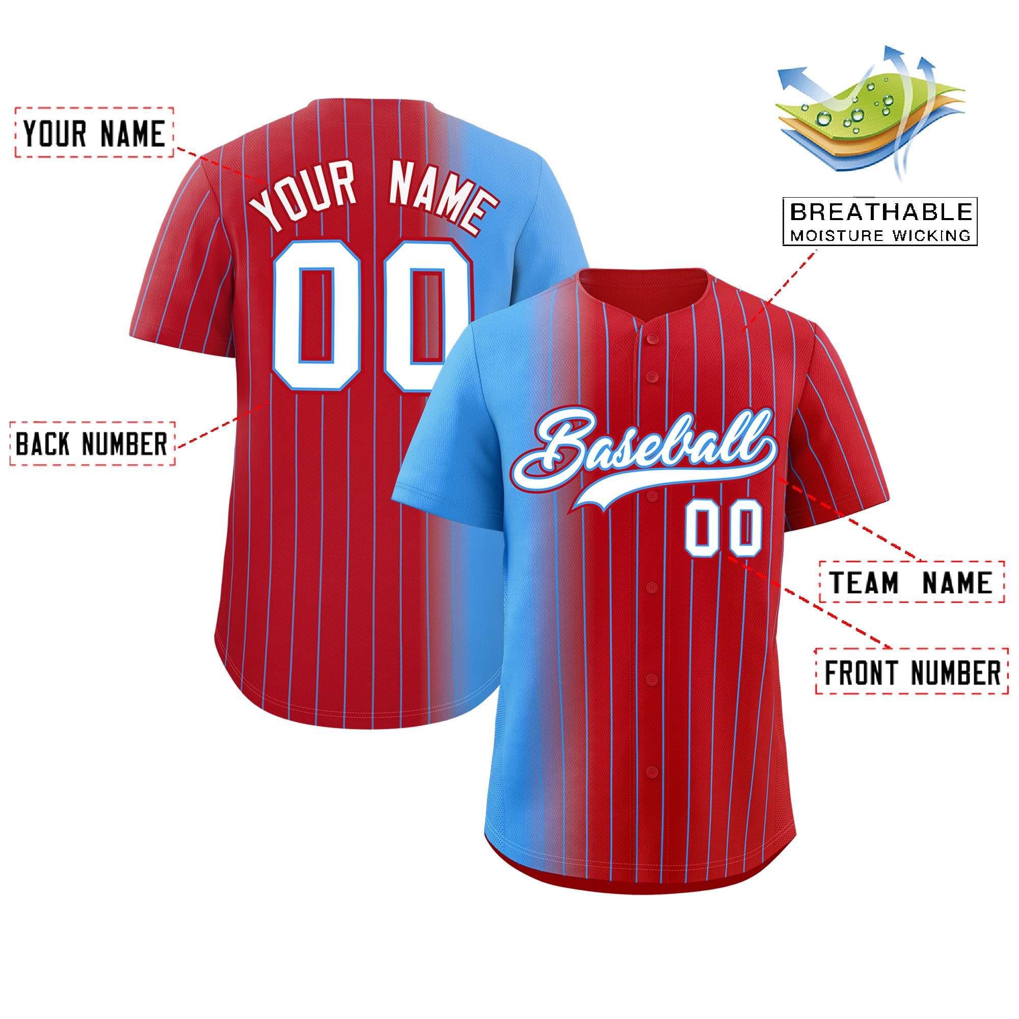 Custom Red Powder Blue Pinstripe Personalized Gradient Authentic Baseball Jersey