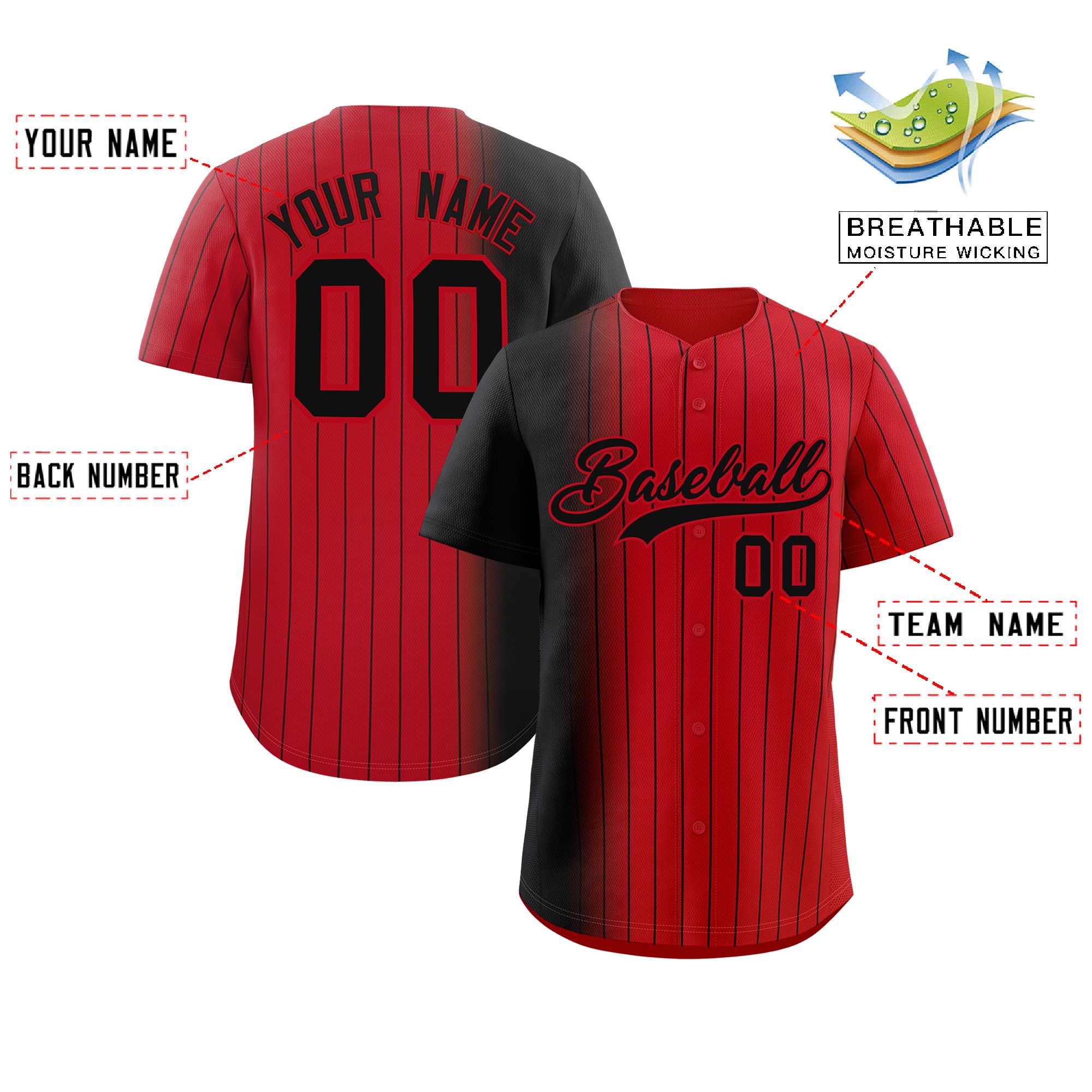 Custom Red Black Pinstripe Personalized Gradient Authentic Baseball Jersey