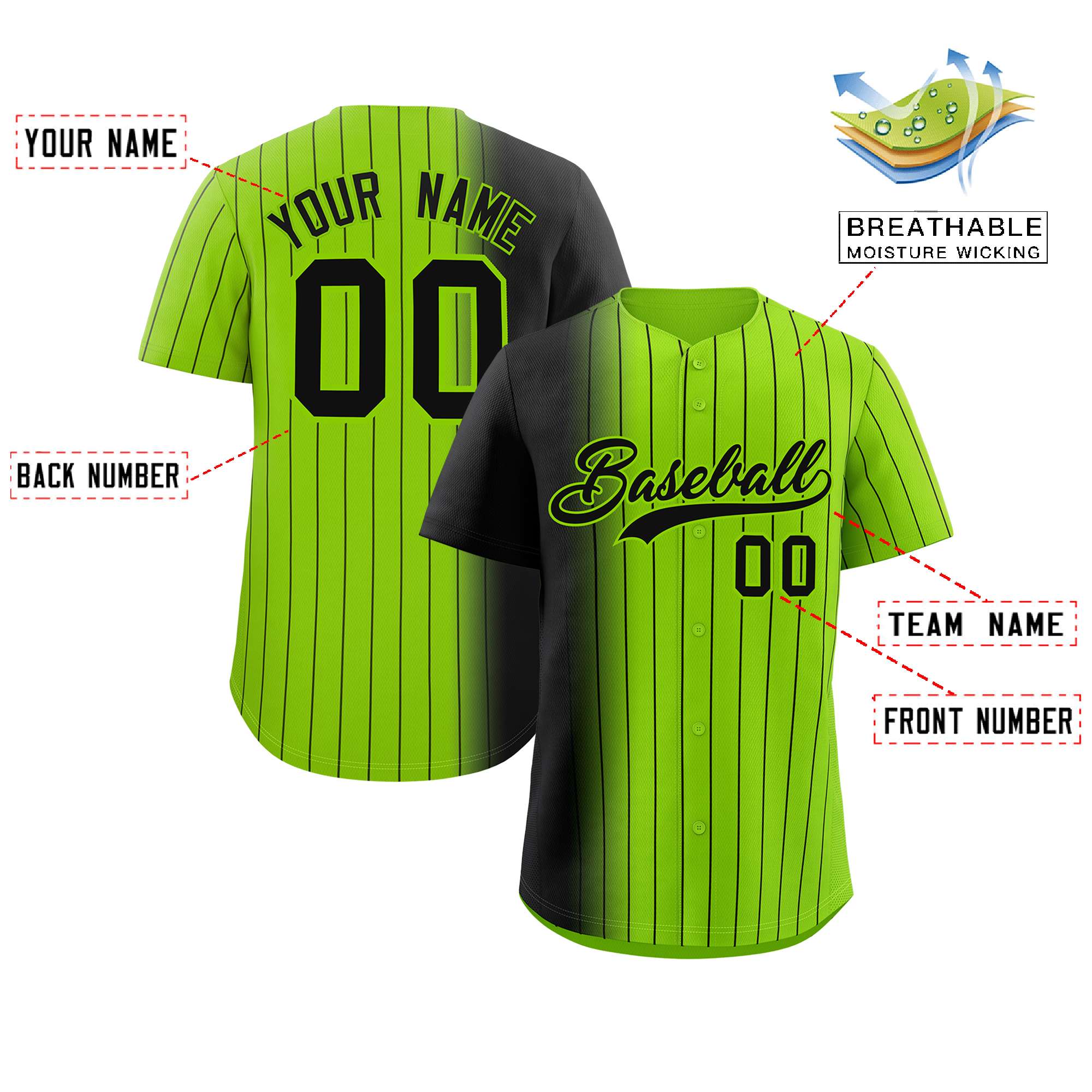 Custom Neon Green Black Pinstripe Personalized Gradient Authentic Baseball Jersey