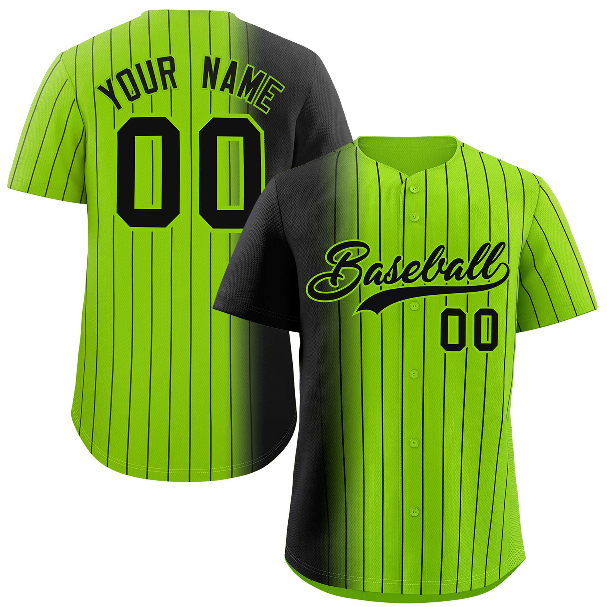 Custom Neon Green Black Pinstripe Personalized Gradient Authentic Baseball Jersey