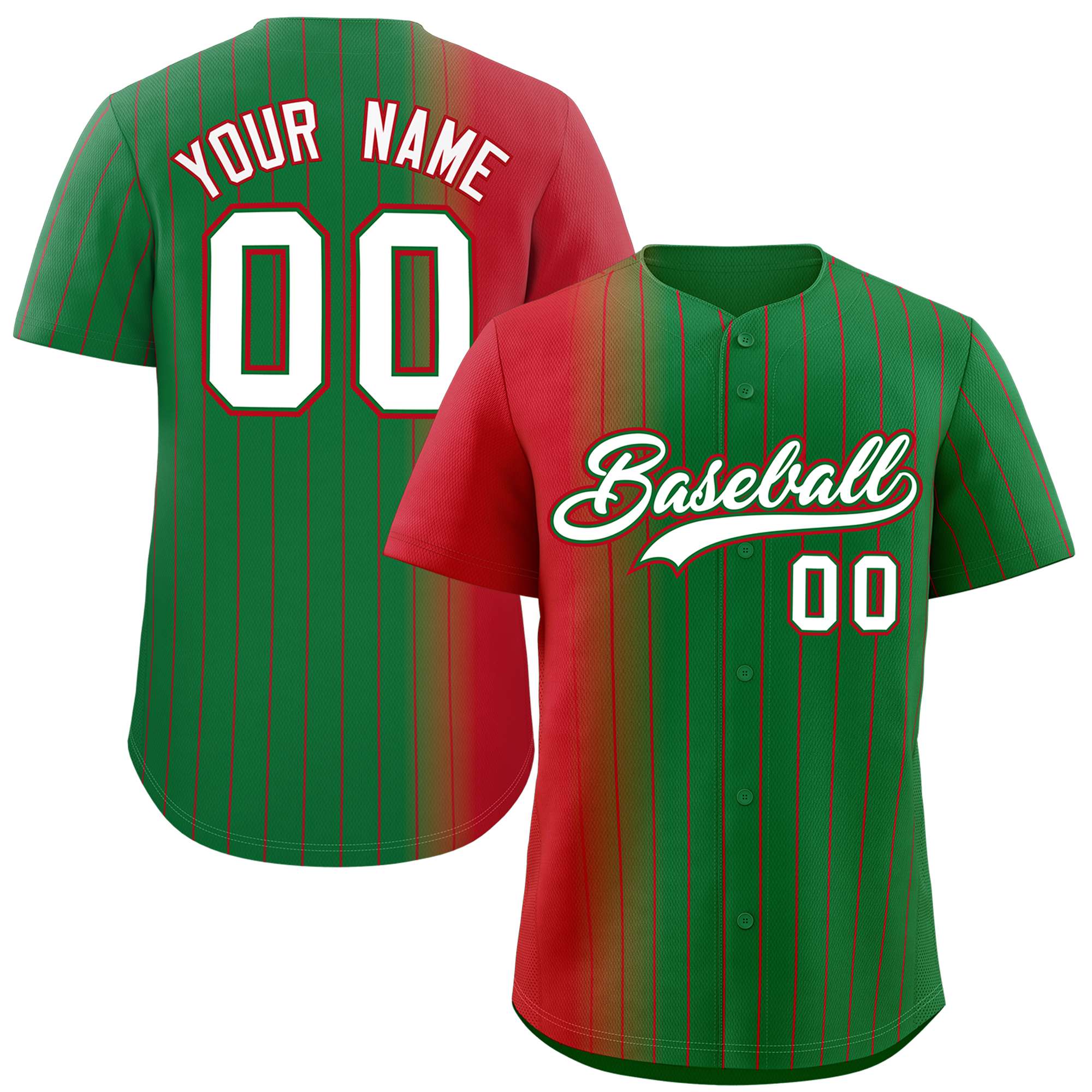 Custom Kelly Green Red Pinstripe Personalized Gradient Authentic Baseball Jersey