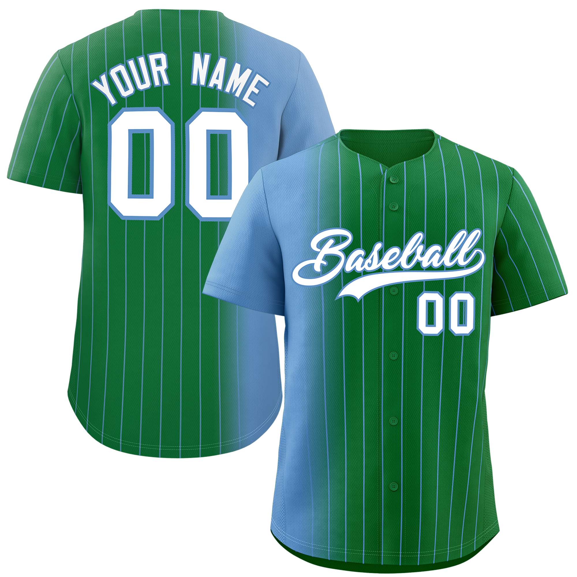 Custom Kelly Green Light Blue Pinstripe Personalized Gradient Authentic Baseball Jersey