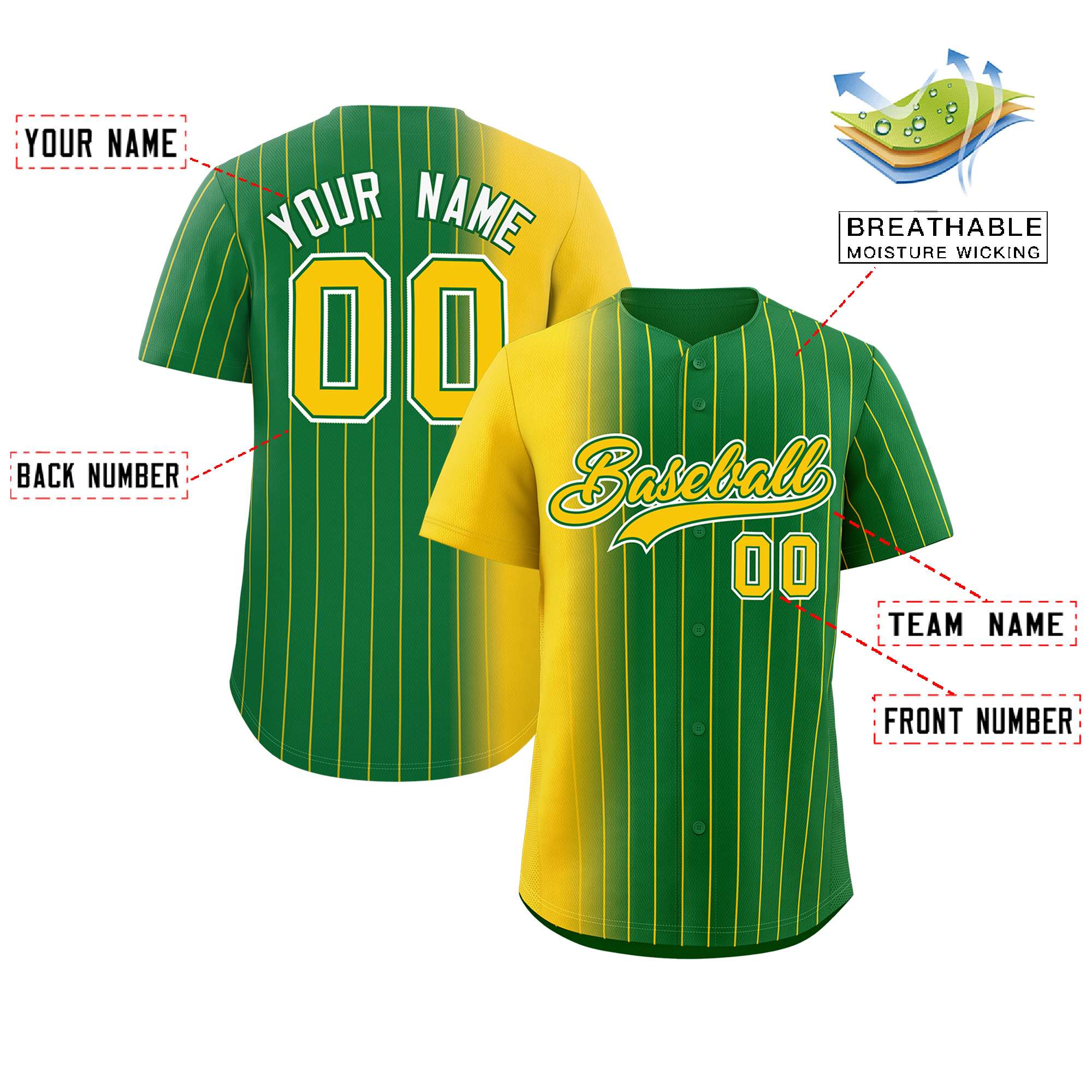 Custom Kelly Green Gold Pinstripe Personalized Gradient Authentic Baseball Jersey