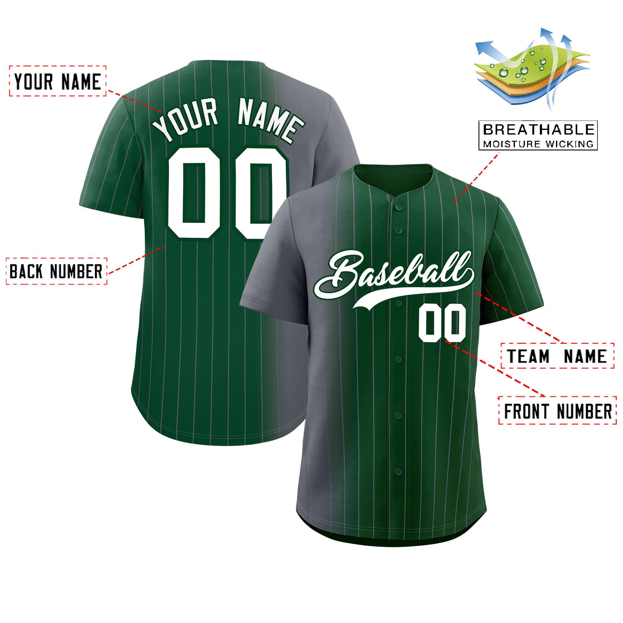 Custom Green Dark Gray Pinstripe Personalized Gradient Authentic Baseball Jersey