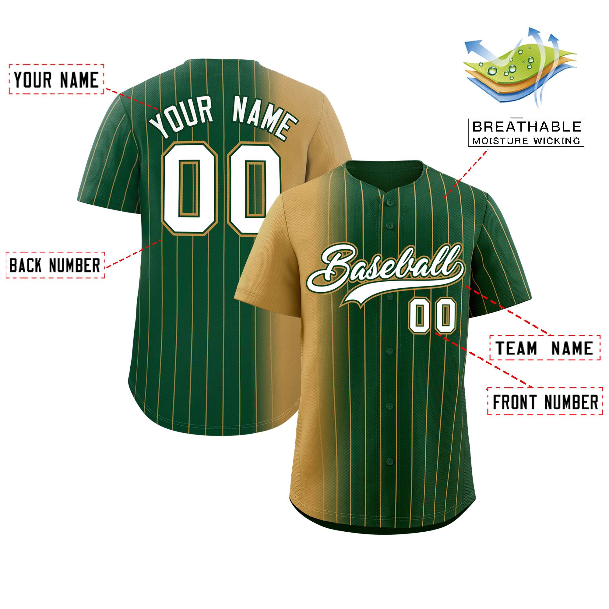 Custom Green Old Gold Pinstripe Personalized Gradient Authentic Baseball Jersey