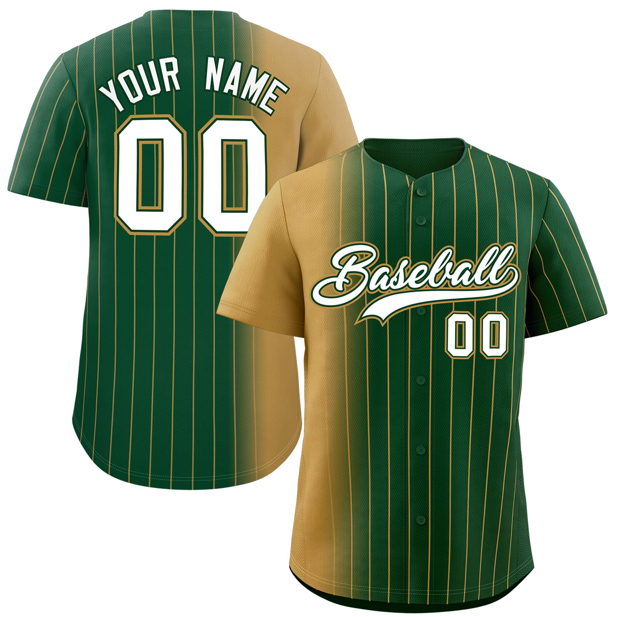 Custom Green Old Gold Pinstripe Personalized Gradient Authentic Baseball Jersey