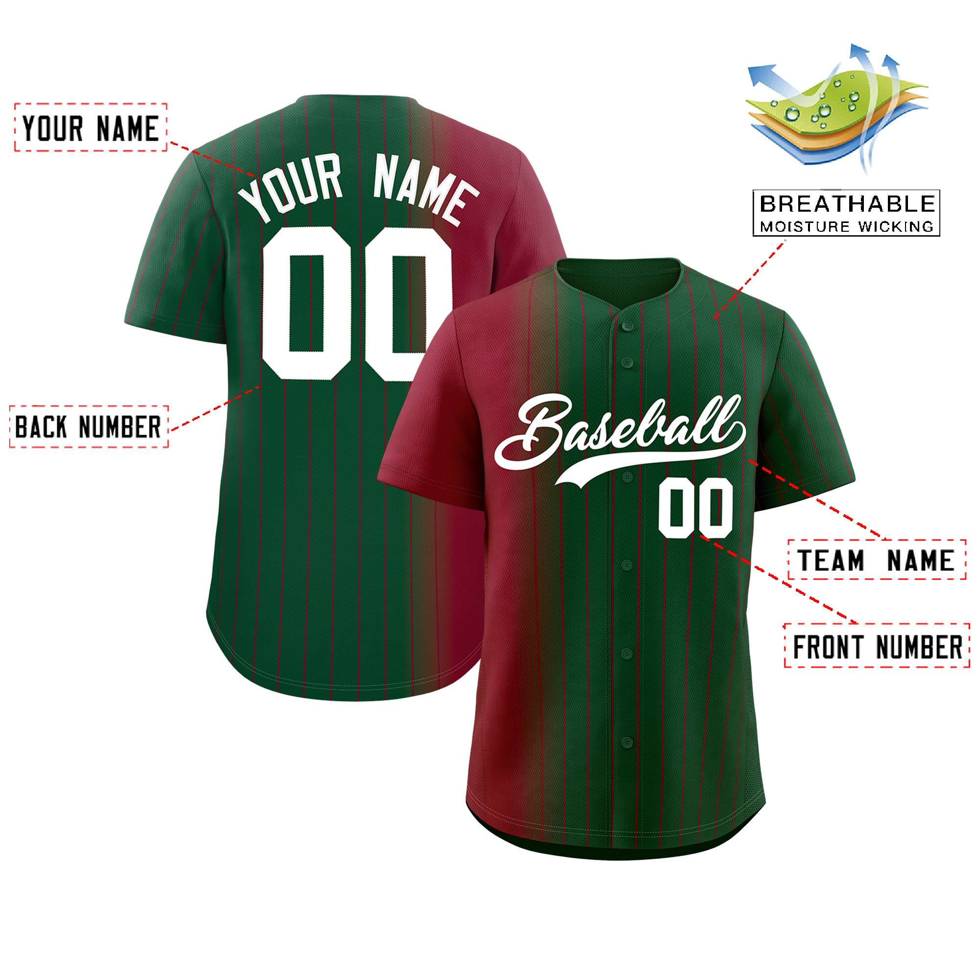 Custom Green Crimson Pinstripe Personalized Gradient Authentic Baseball Jersey