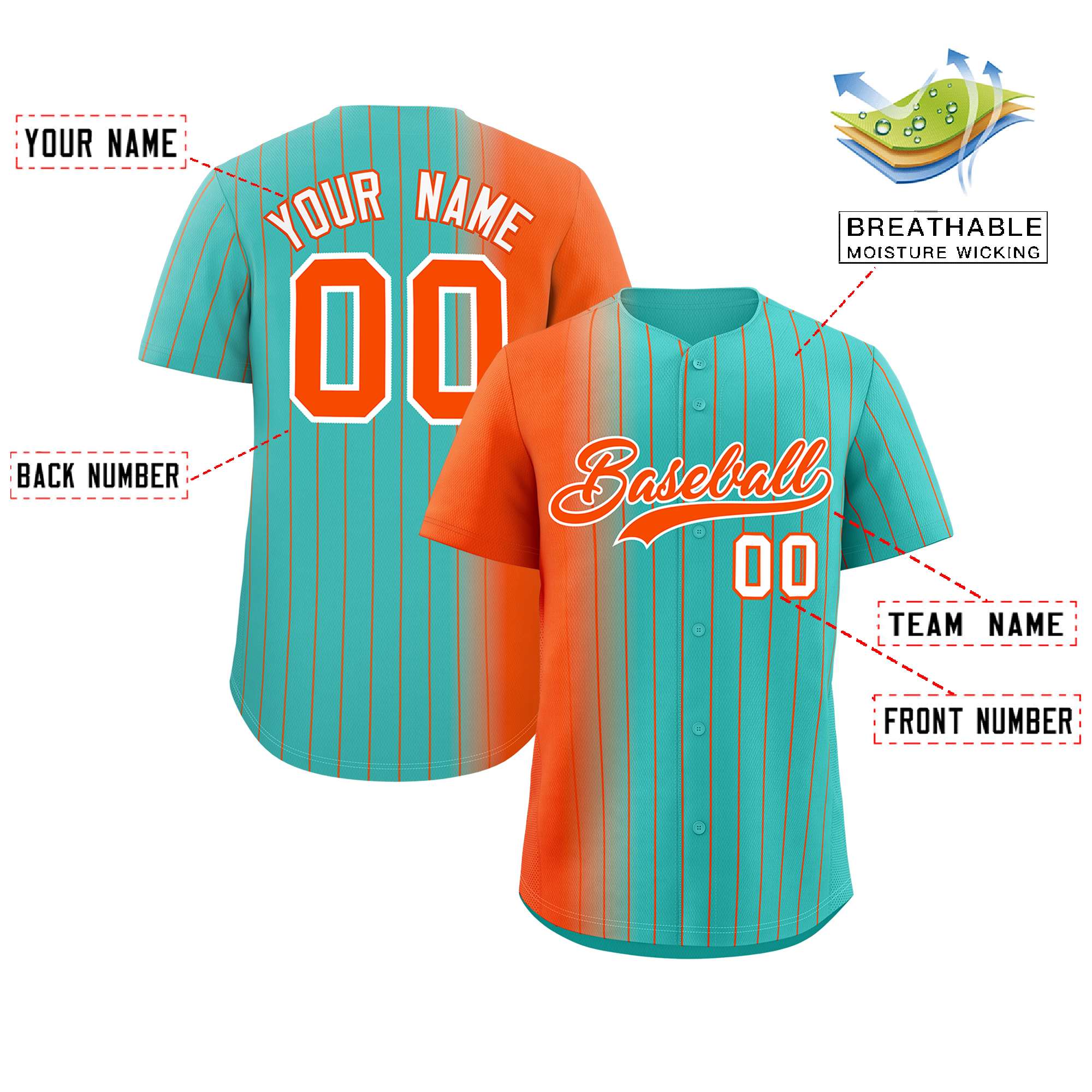 Custom Bright Green Orange Pinstripe Personalized Gradient Authentic Baseball Jersey