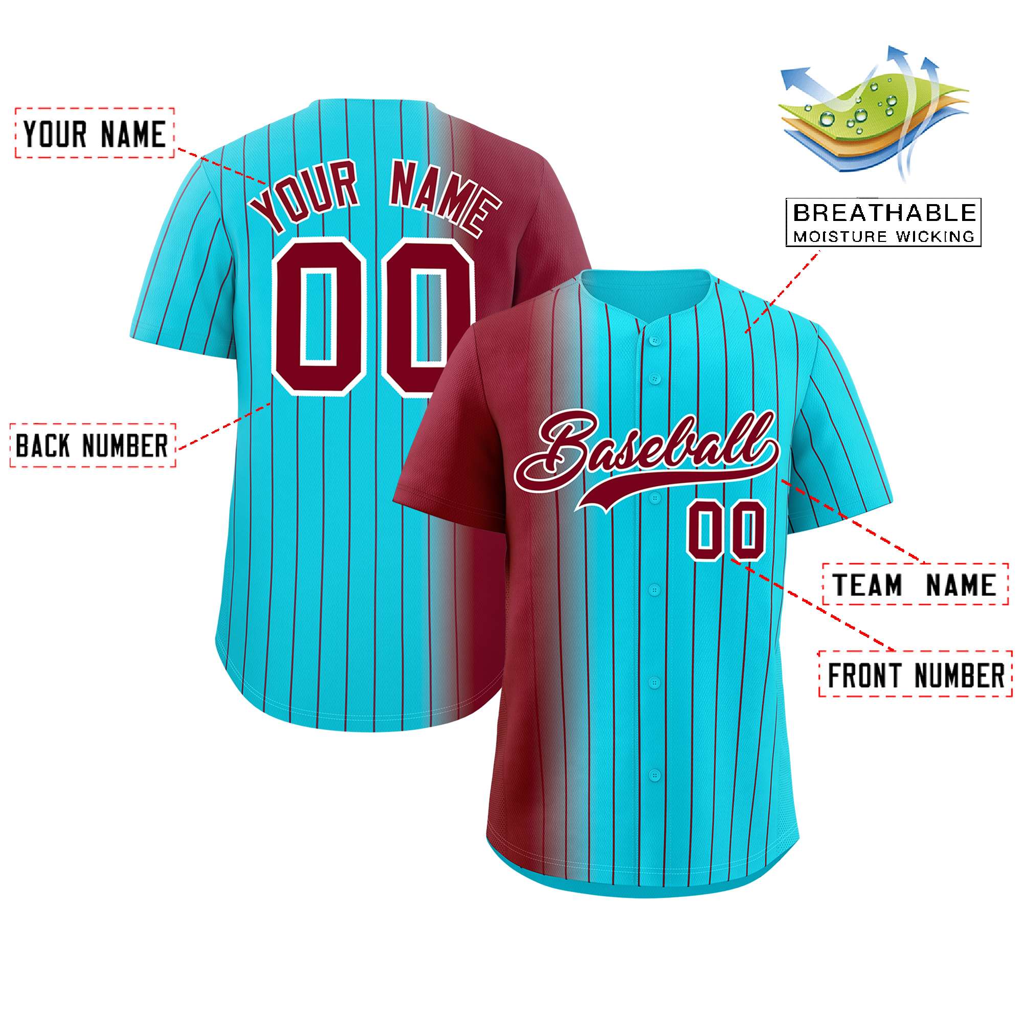 Custom Sky Blue Crimson Pinstripe Personalized Gradient Authentic Baseball Jersey