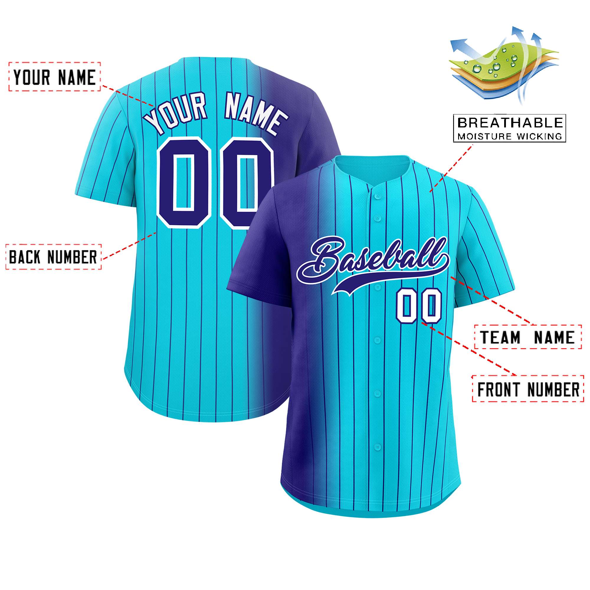 Custom Sky Blue Purple Pinstripe Personalized Gradient Authentic Baseball Jersey