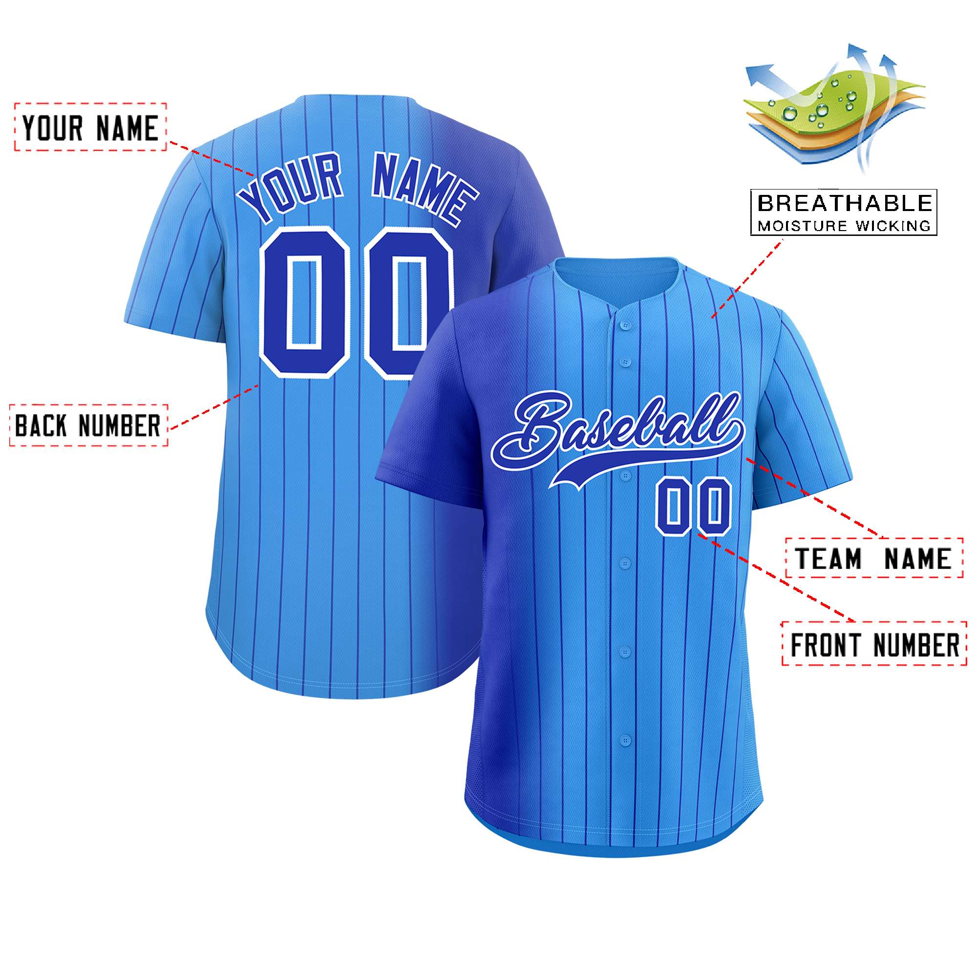 Custom Powder Blue Royal Pinstripe Personalized Gradient Authentic Baseball Jersey