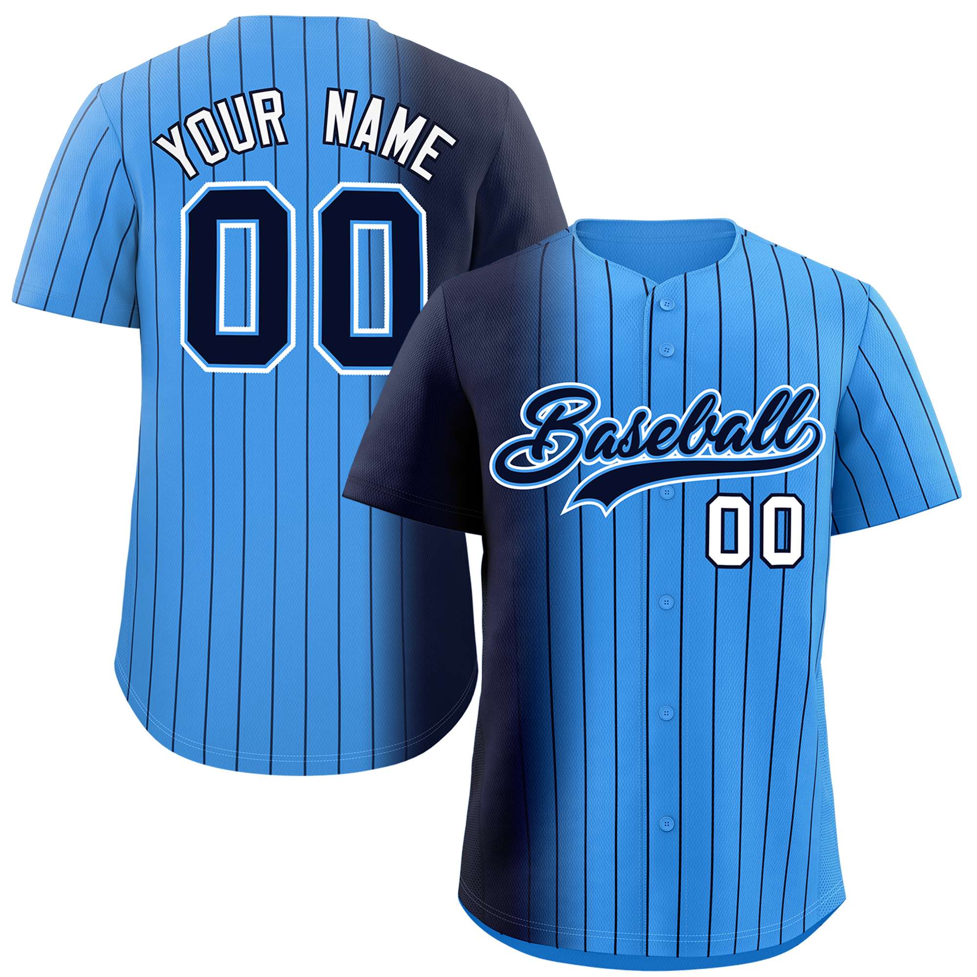 Custom Powder Blue Navy Pinstripe Personalized Gradient Authentic Baseball Jersey