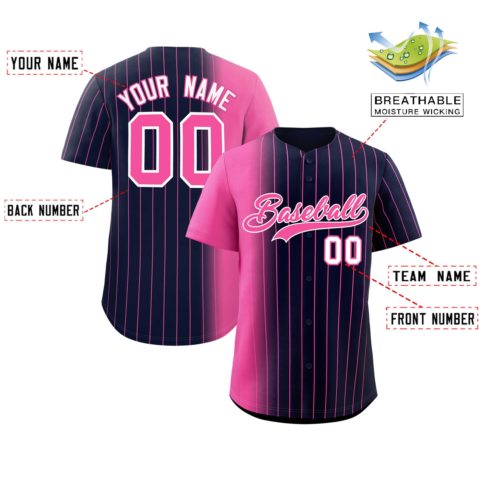 Custom Navy Pink Pinstripe Personalized Gradient Authentic Baseball Jersey