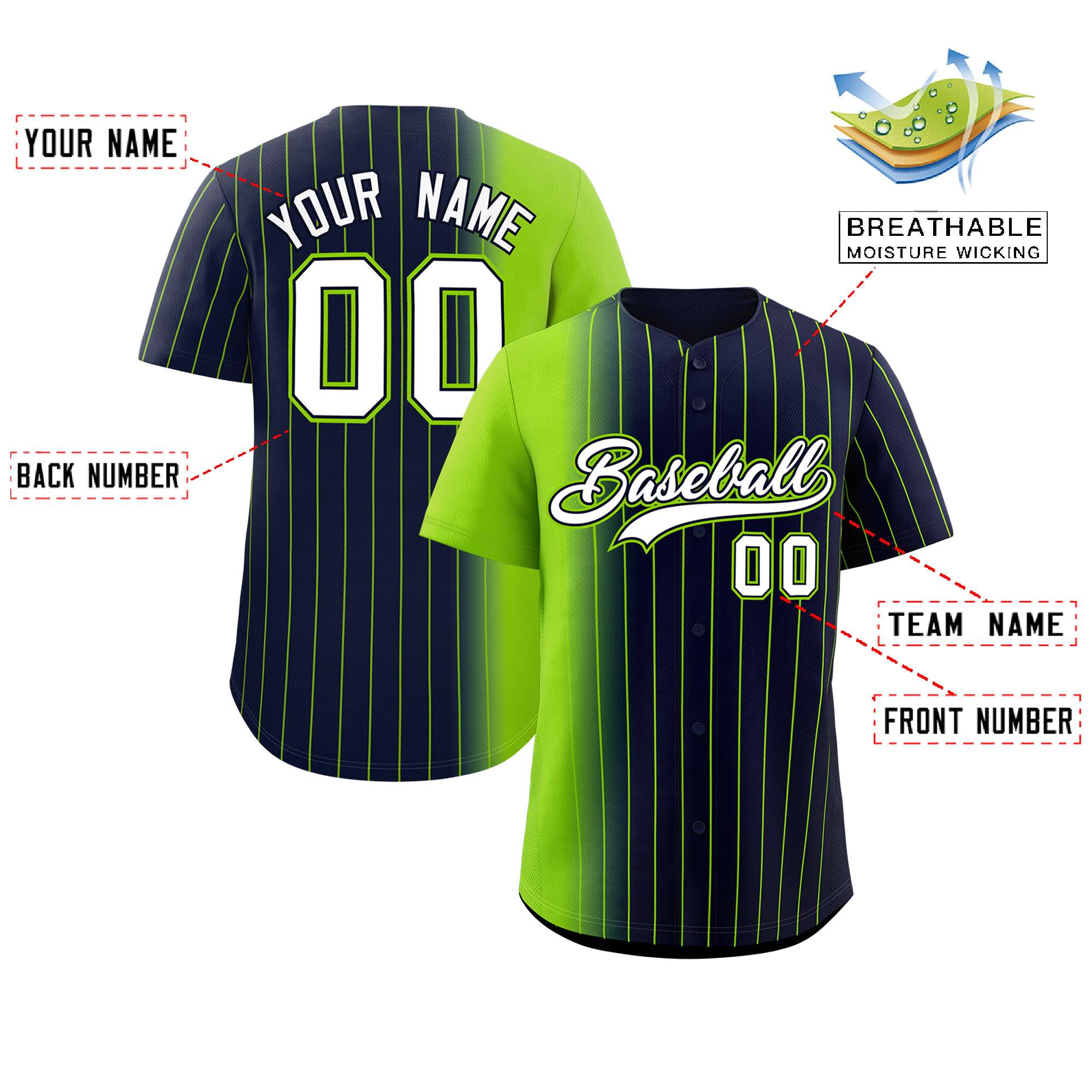 Custom Navy Neon Green Pinstripe Personalized Gradient Authentic Baseball Jersey