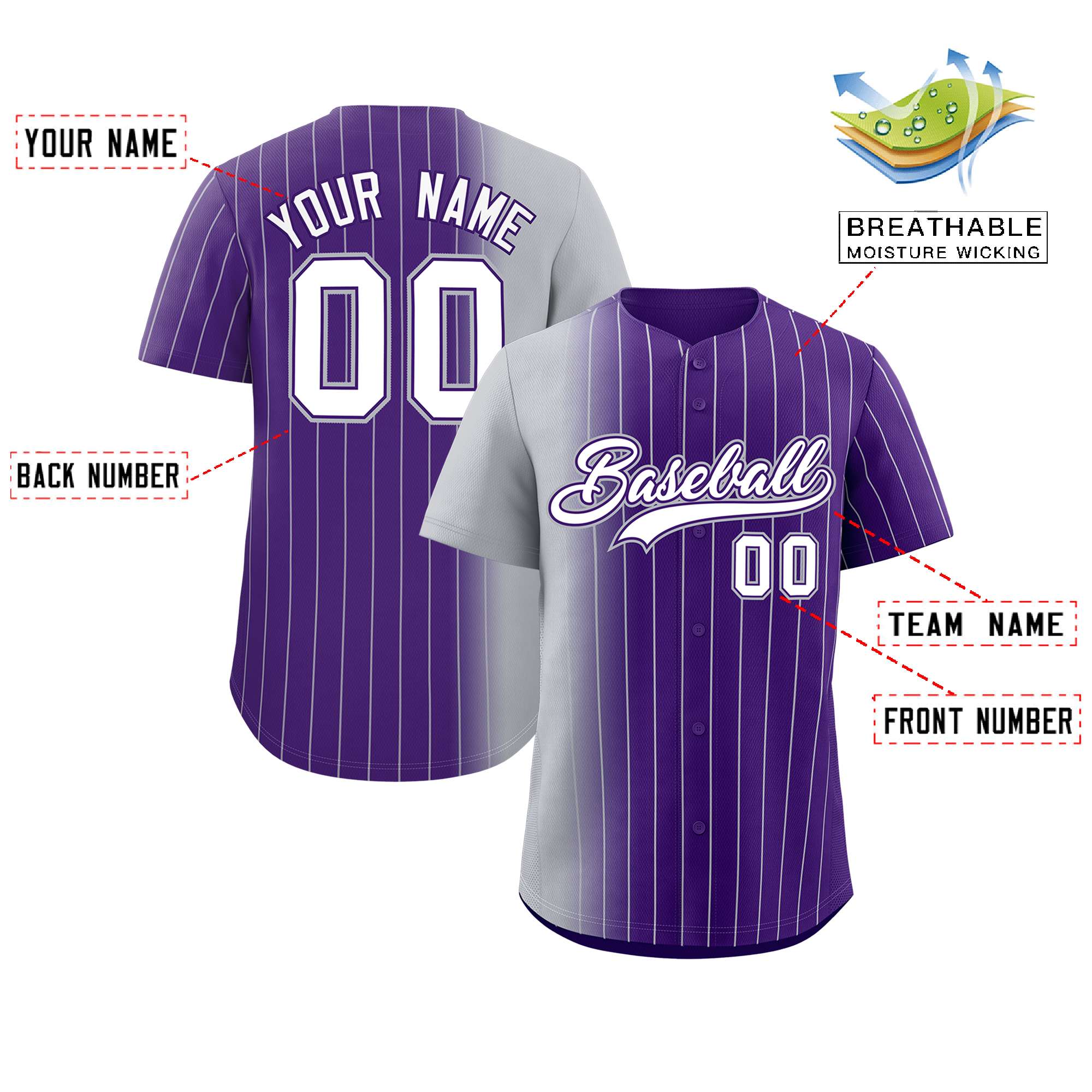 Custom Purple Gray Pinstripe Personalized Gradient Authentic Baseball Jersey