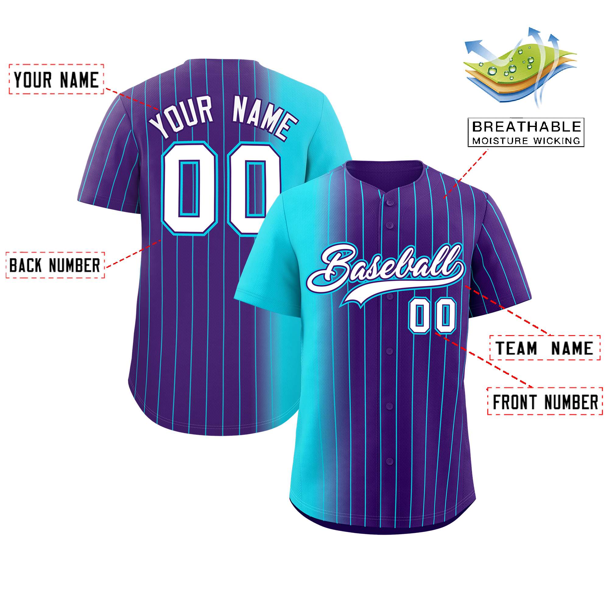 Custom Purple Sky Blue Pinstripe Personalized Gradient Authentic Baseball Jersey