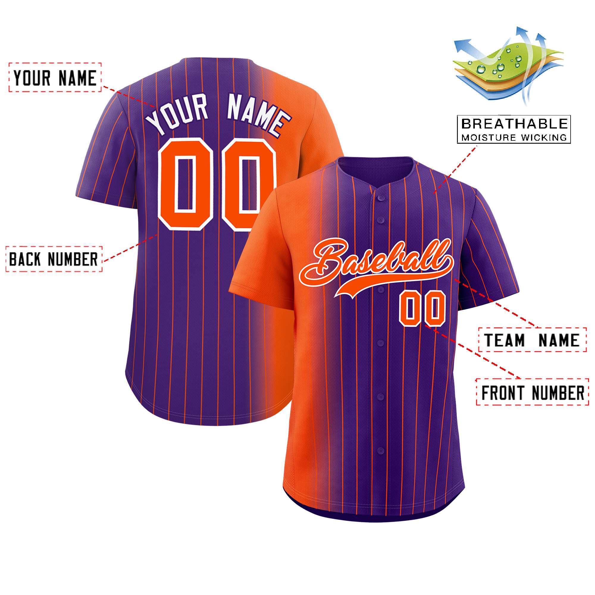 Custom Purple Orange Pinstripe Personalized Gradient Authentic Baseball Jersey