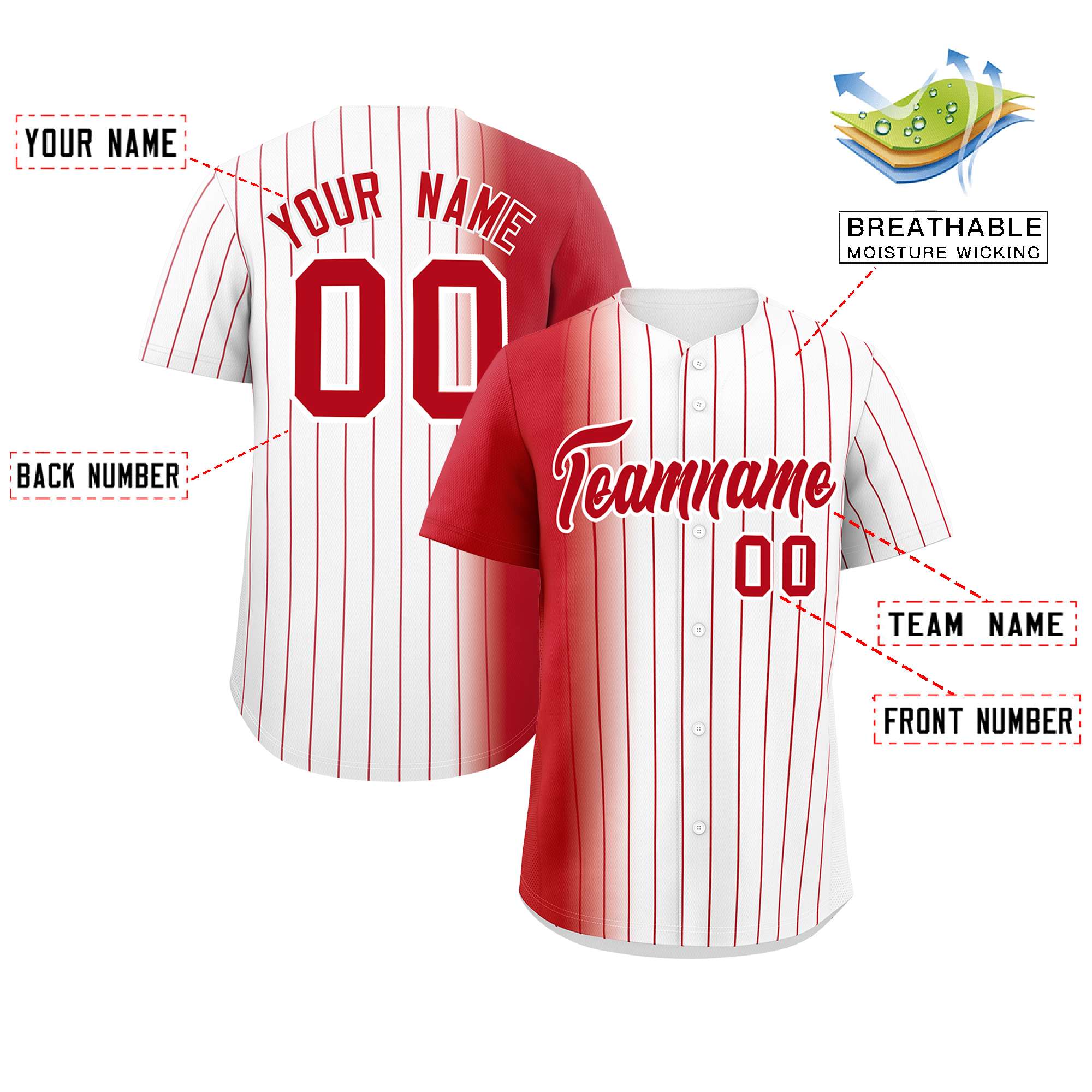 Custom White Red Pinstripe Personalized Gradient Authentic Baseball Jersey