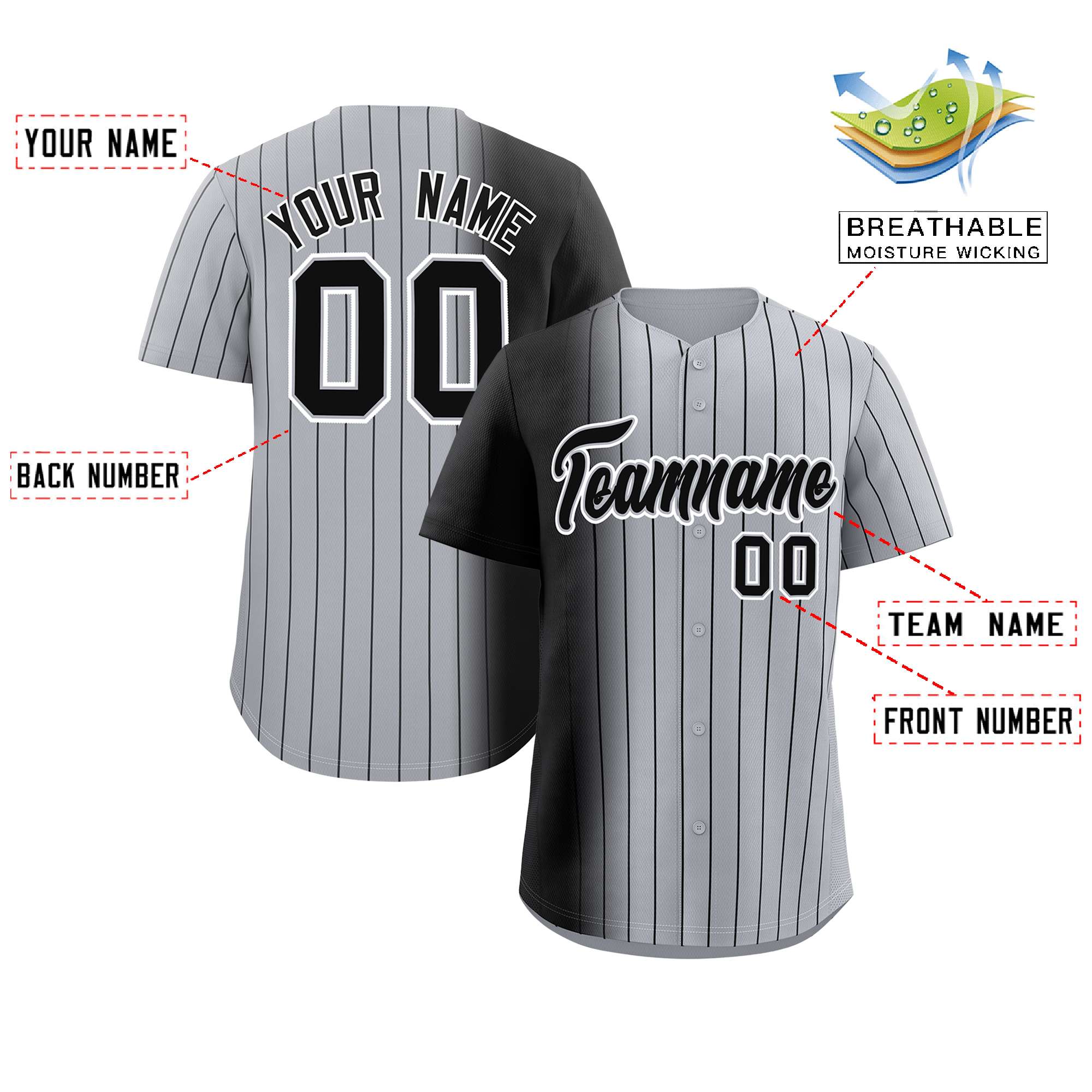 Custom Gray Black Pinstripe Personalized Gradient Authentic Baseball Jersey