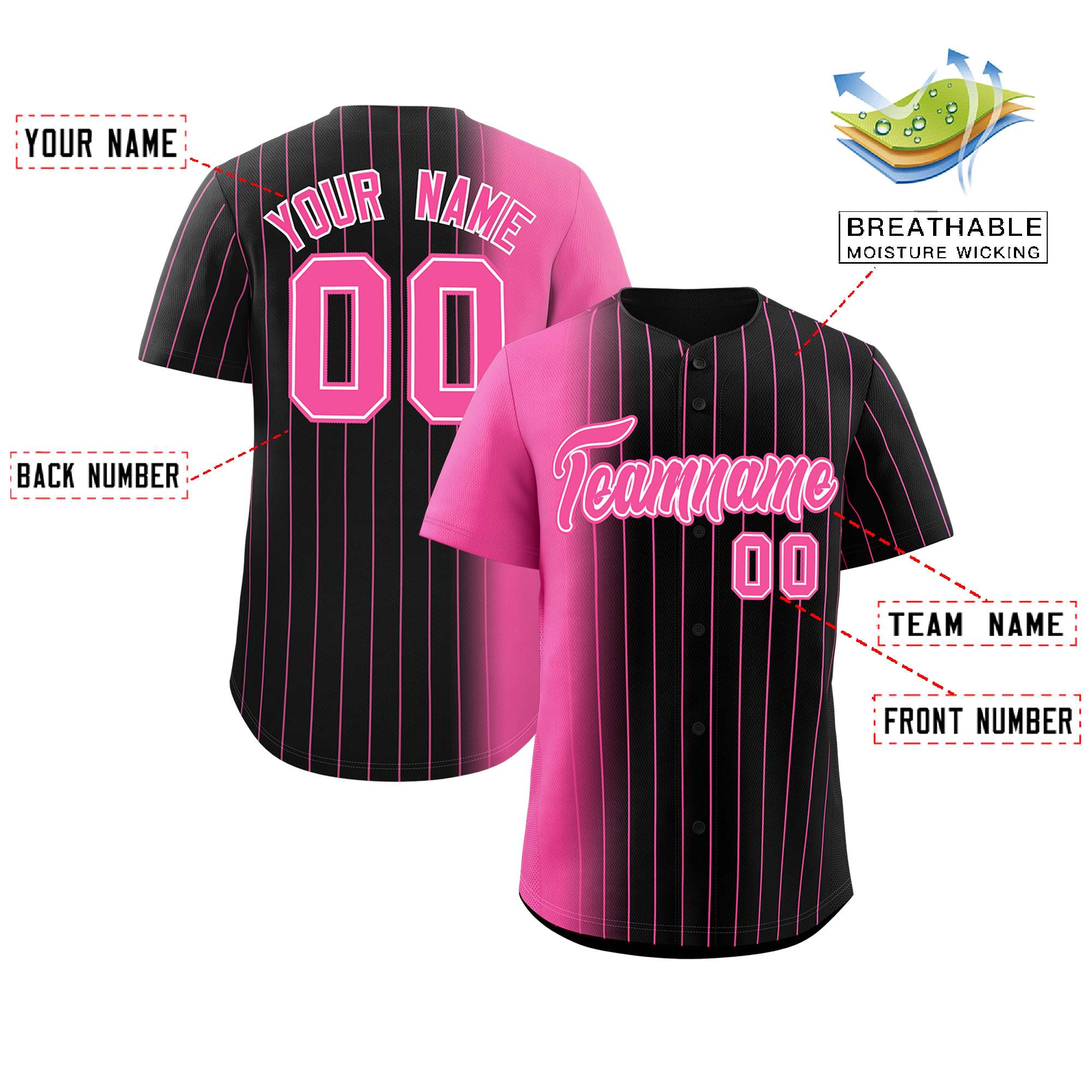 Custom Black Pink Pinstripe Personalized Gradient Authentic Baseball Jersey