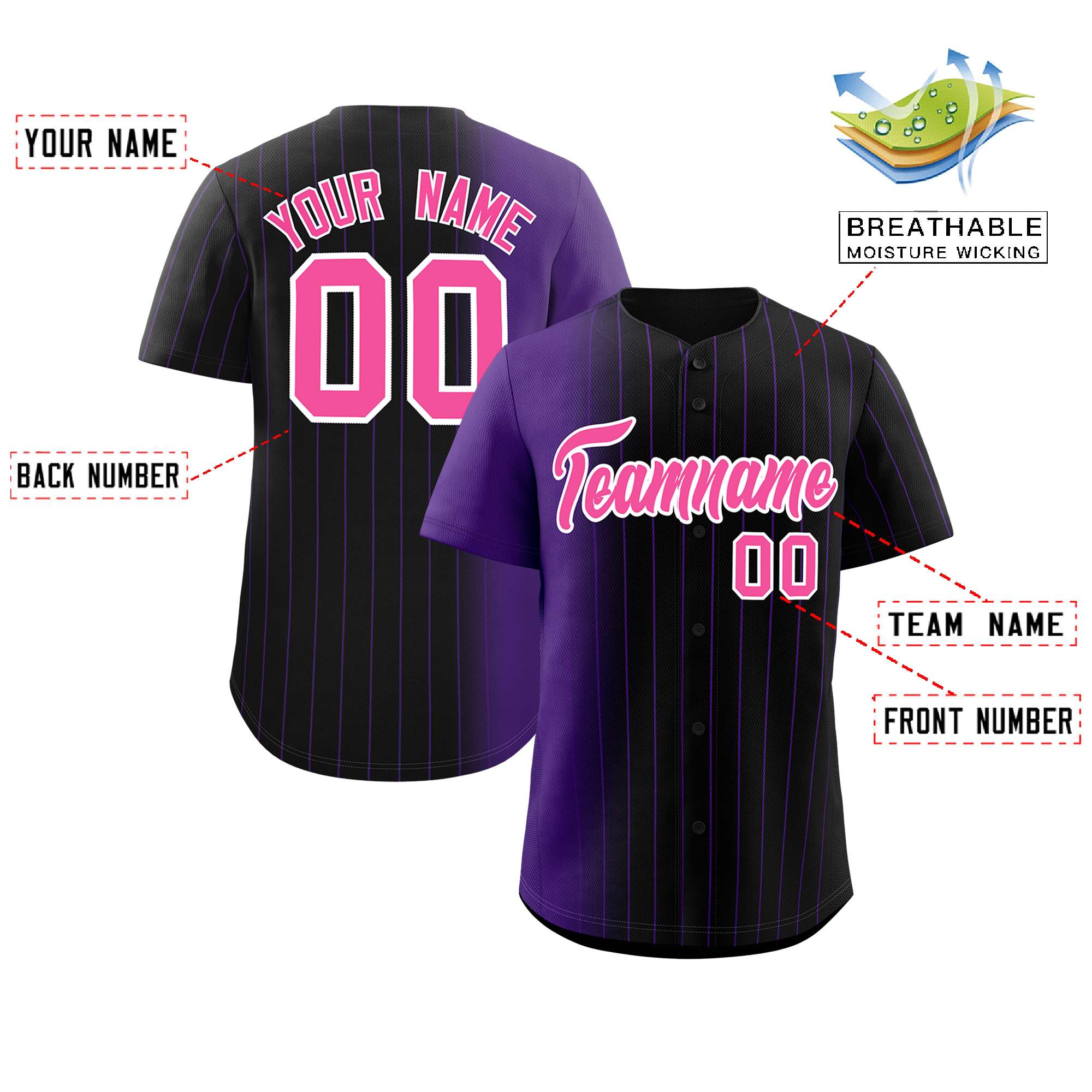 Custom Black Purple Pinstripe Personalized Gradient Authentic Baseball Jersey