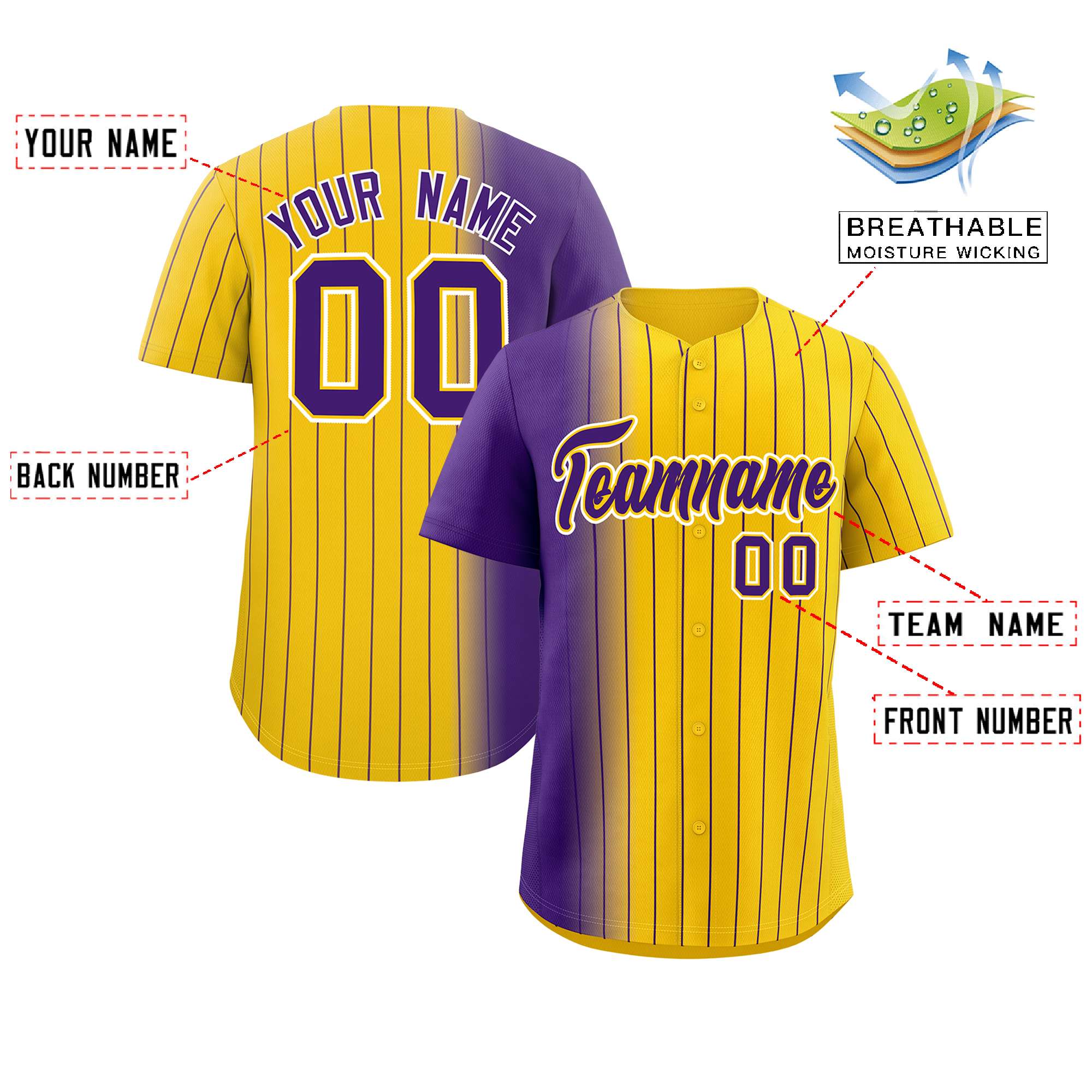 Custom Gold Purple Pinstripe Personalized Gradient Authentic Baseball Jersey