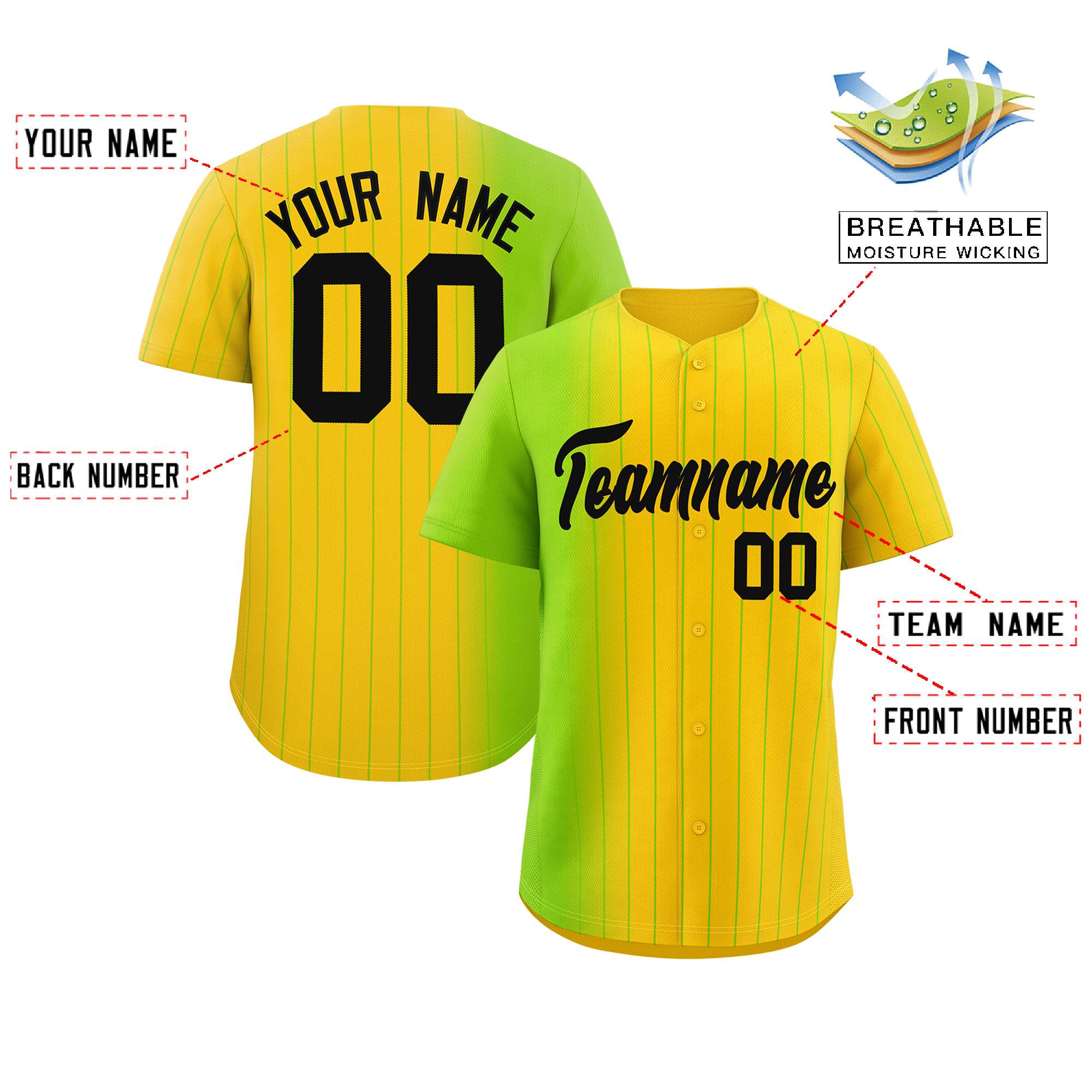 Custom Gold Neon Green Pinstripe Personalized Gradient Authentic Baseball Jersey