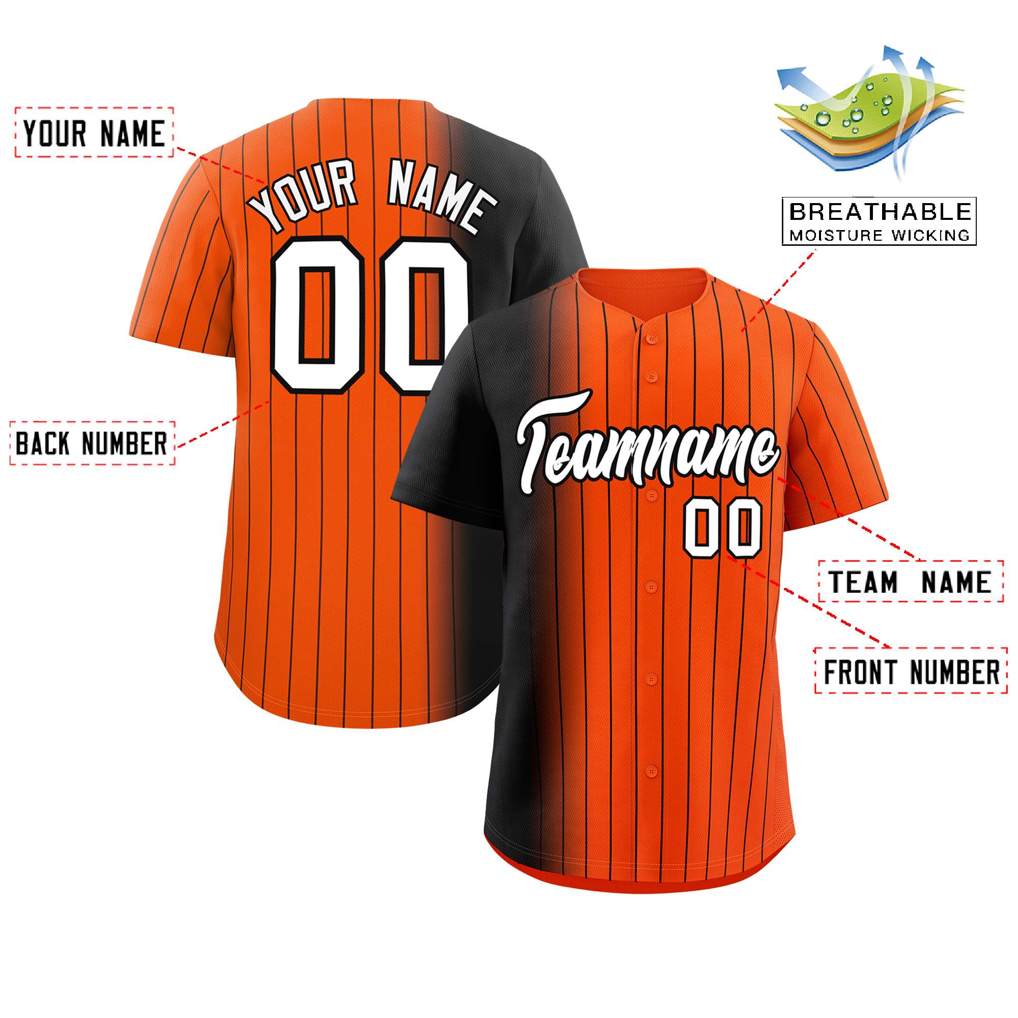 Custom Orange Black Pinstripe Personalized Gradient Authentic Baseball Jersey