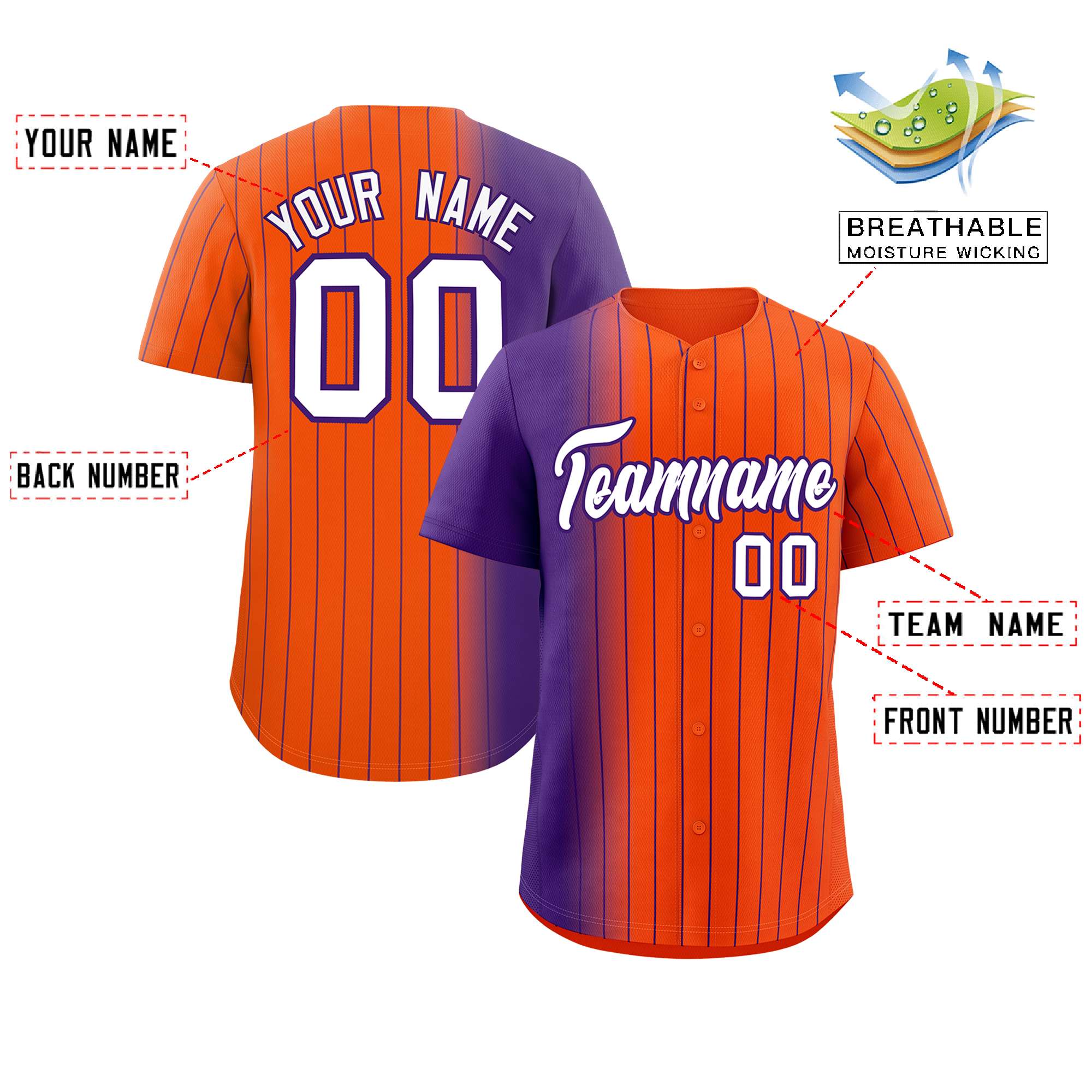 Custom Orange Purple Pinstripe Personalized Gradient Authentic Baseball Jersey