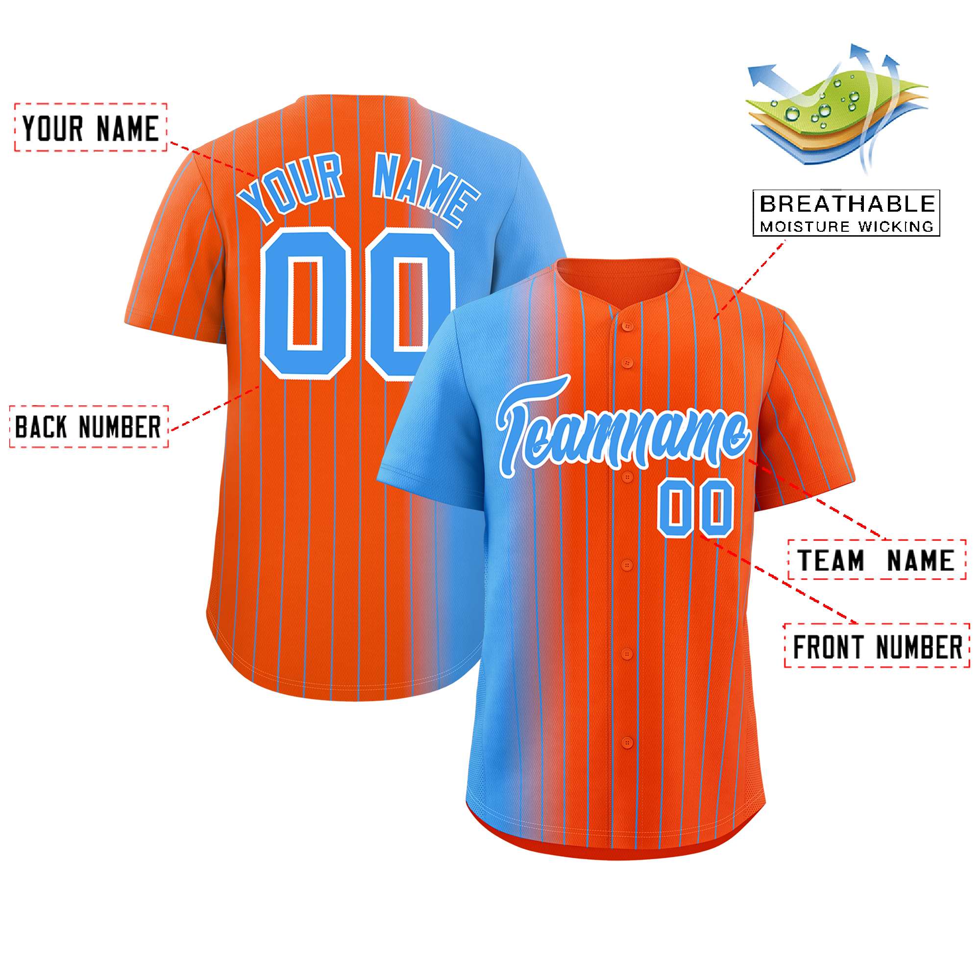 Custom Orange Powder Blue Pinstripe Personalized Gradient Authentic Baseball Jersey