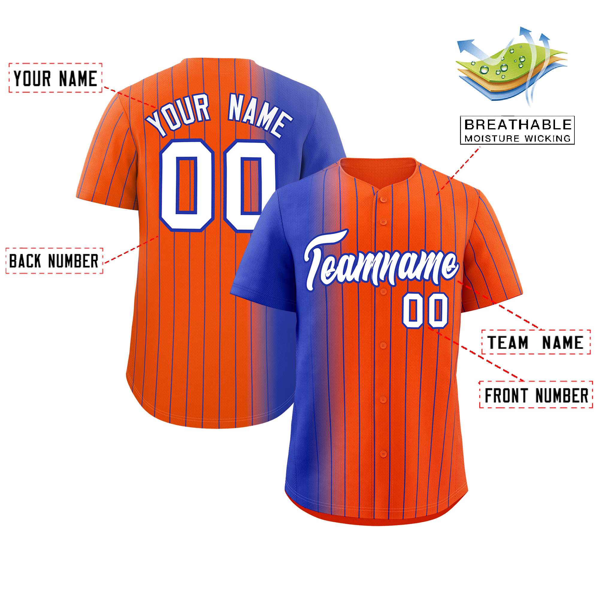 Custom Orange Royal Pinstripe Personalized Gradient Authentic Baseball Jersey