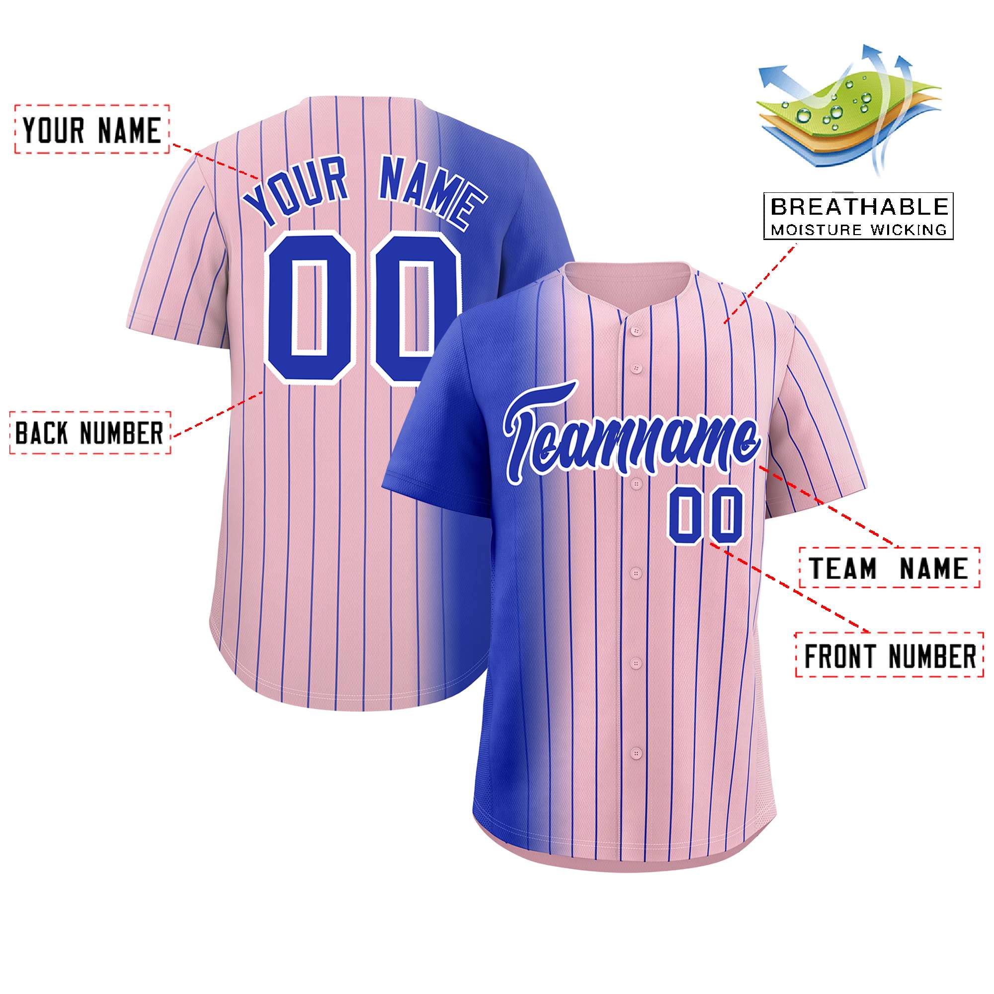 Custom Light Pink Royal Pinstripe Personalized Gradient Authentic Baseball Jersey