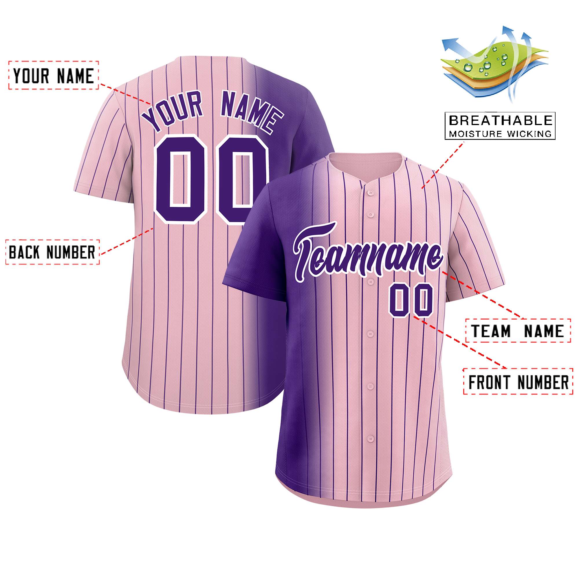 Custom Light Pink Purple Pinstripe Personalized Gradient Authentic Baseball Jersey