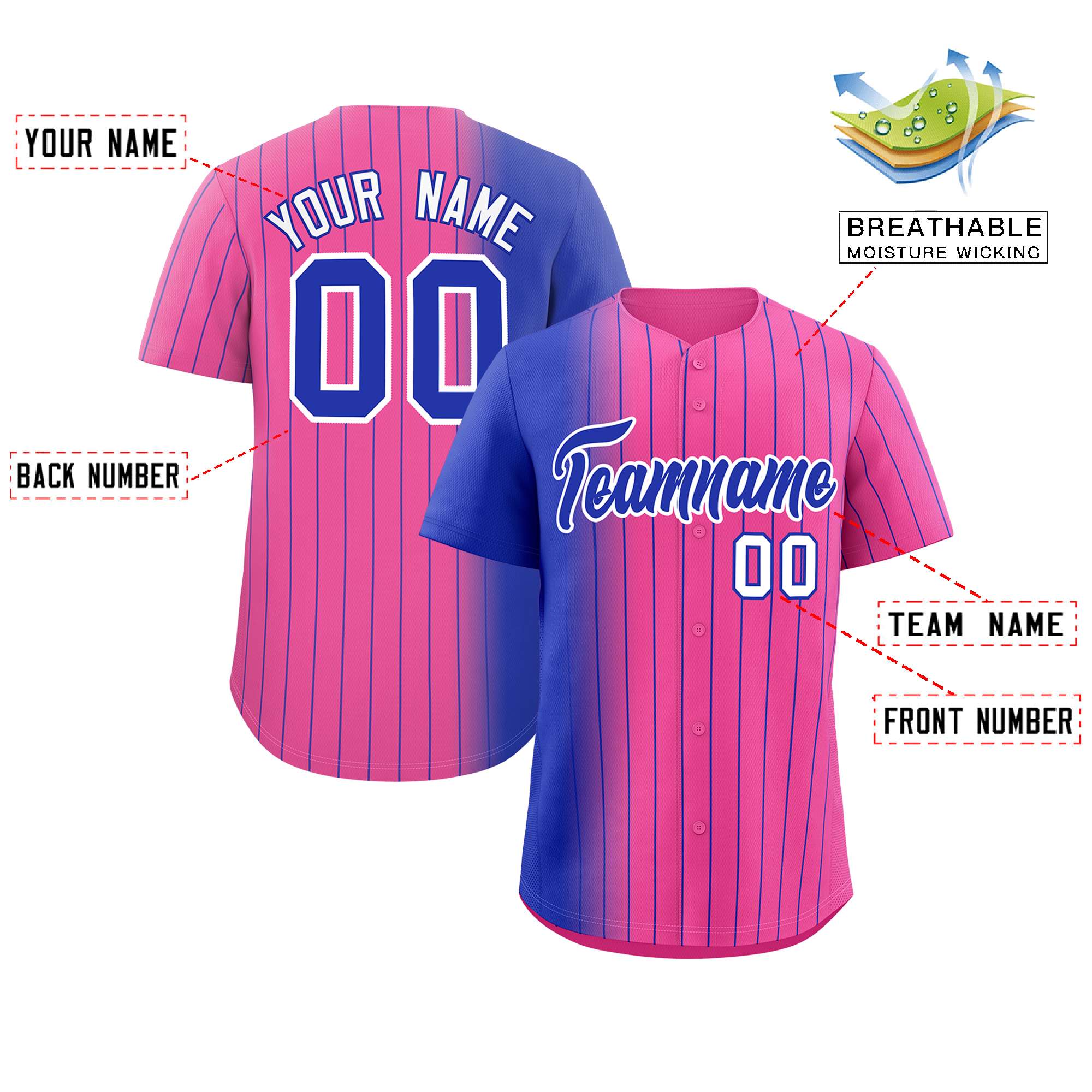 Custom Pink Royal Pinstripe Personalized Gradient Authentic Baseball Jersey