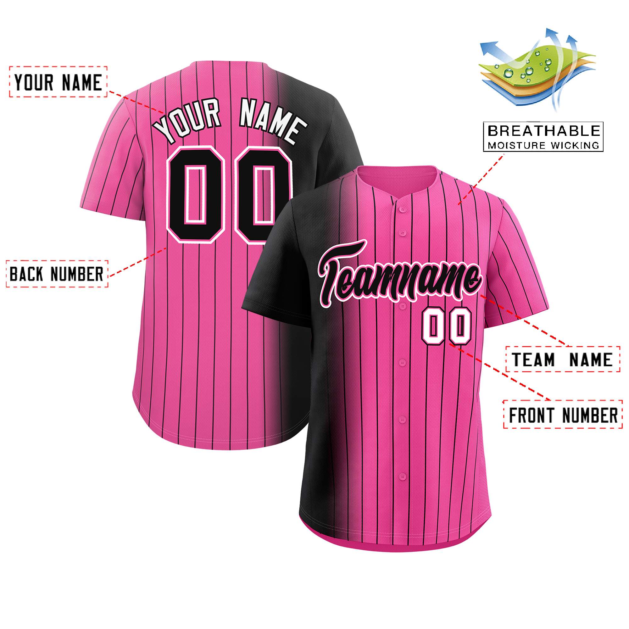 Custom Pink Black Pinstripe Personalized Gradient Authentic Baseball Jersey