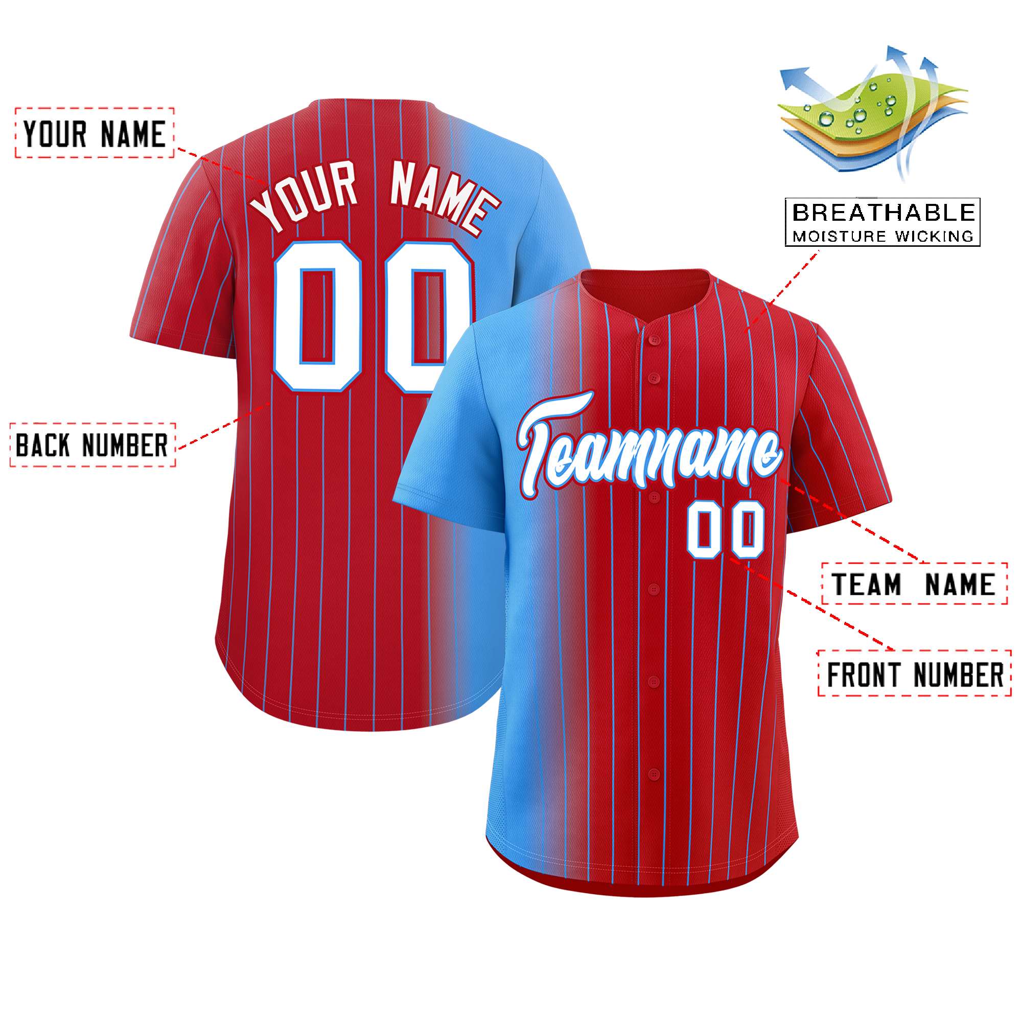 Custom Red Powder Blue Pinstripe Personalized Gradient Authentic Baseball Jersey