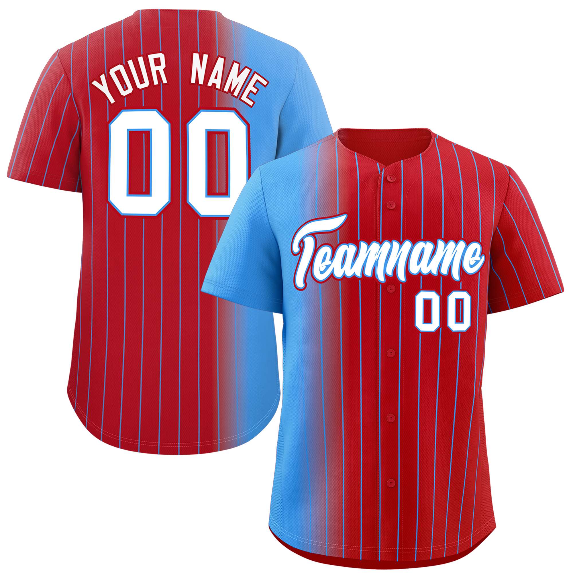 Custom Red Powder Blue Pinstripe Personalized Gradient Authentic Baseball Jersey