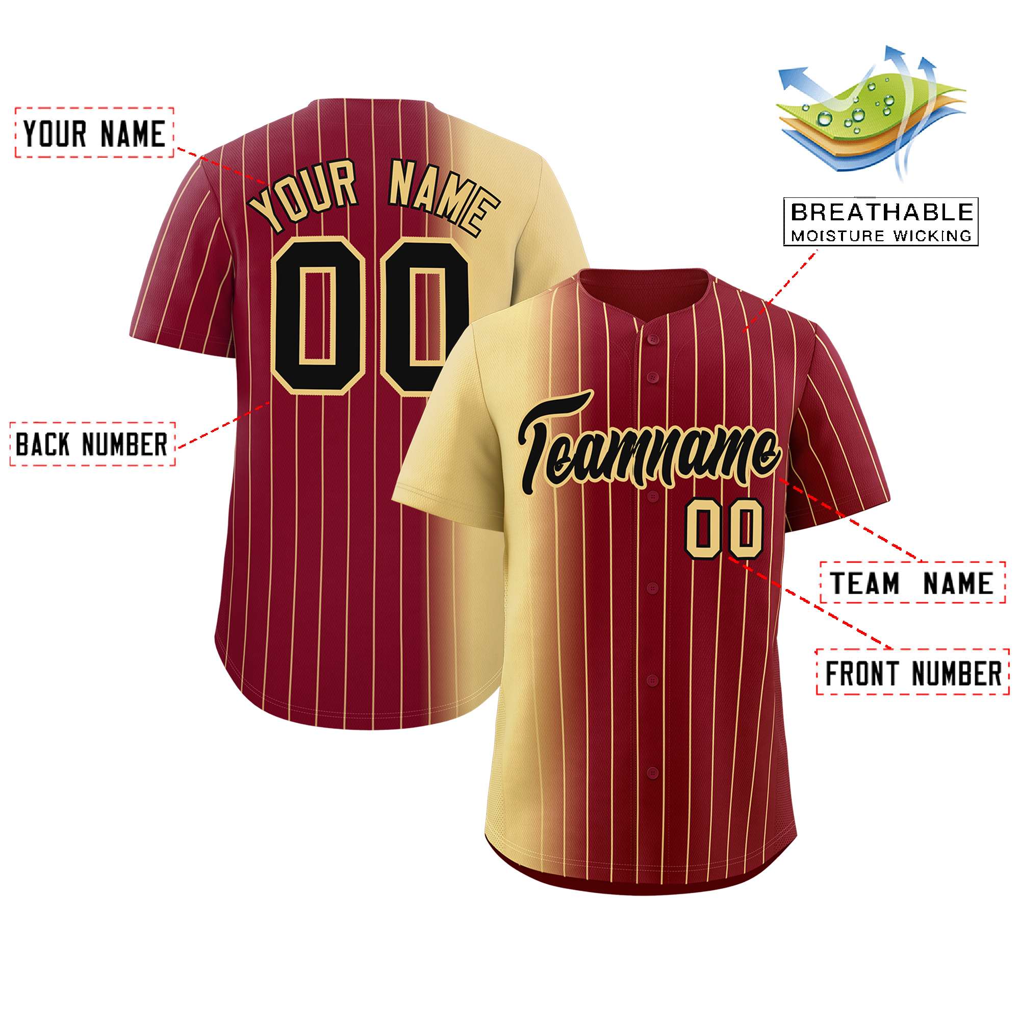 Custom Crimson Khaki Pinstripe Personalized Gradient Authentic Baseball Jersey