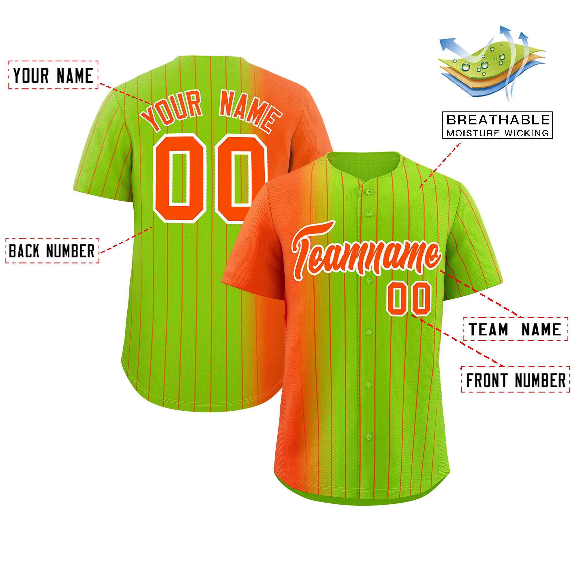 Custom Neon Green Orange Pinstripe Personalized Gradient Authentic Baseball Jersey