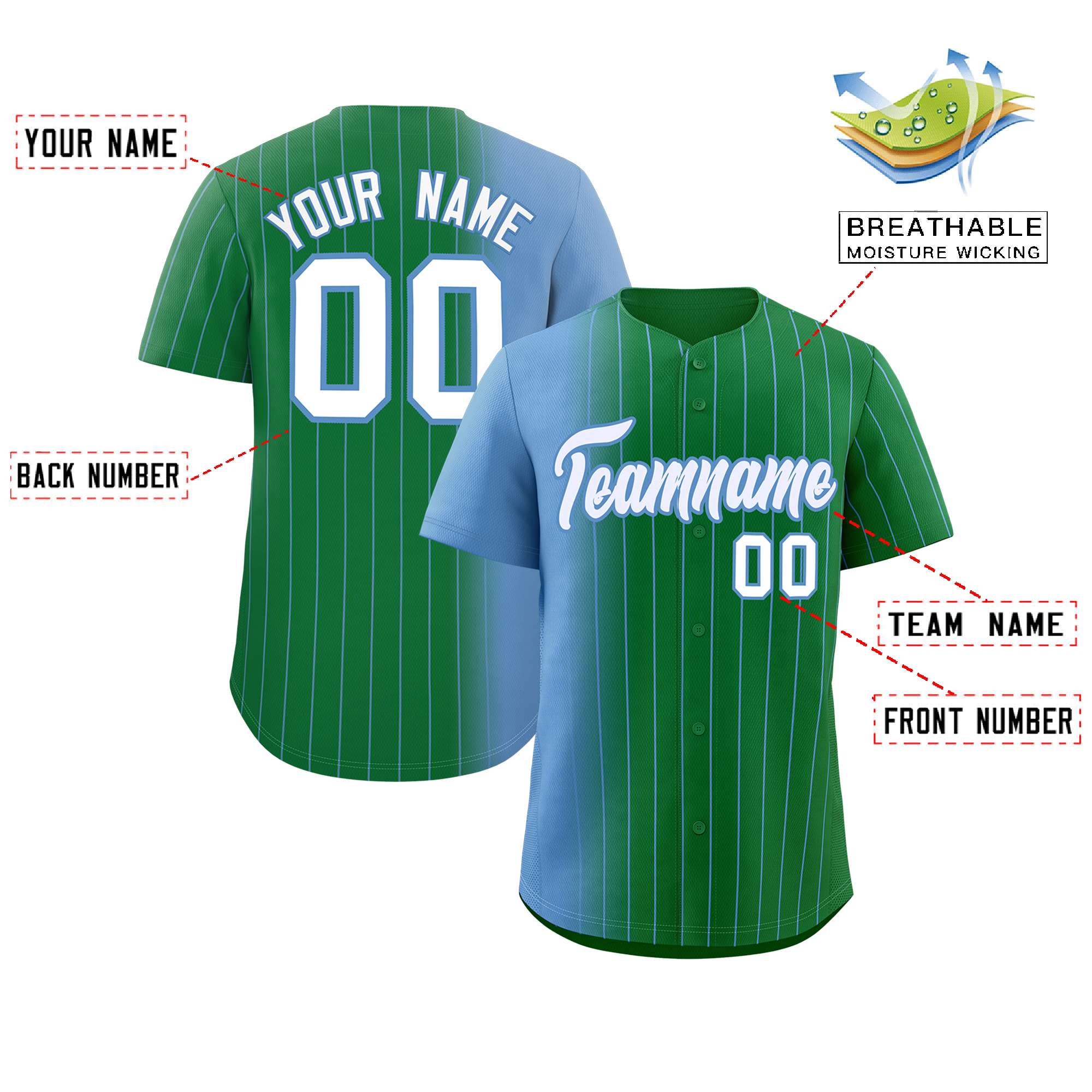 Custom Kelly Green Light Blue Pinstripe Personalized Gradient Authentic Baseball Jersey