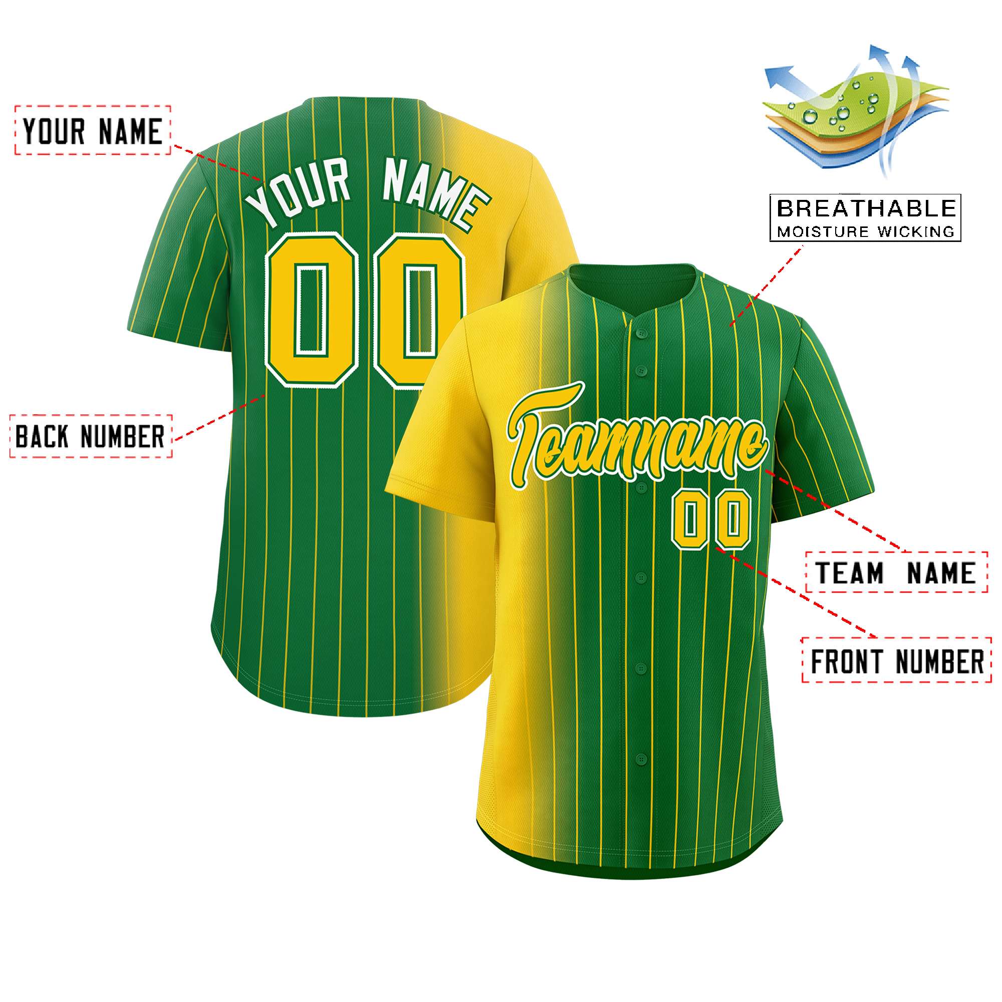 Custom Kelly Green Gold Pinstripe Personalized Gradient Authentic Baseball Jersey