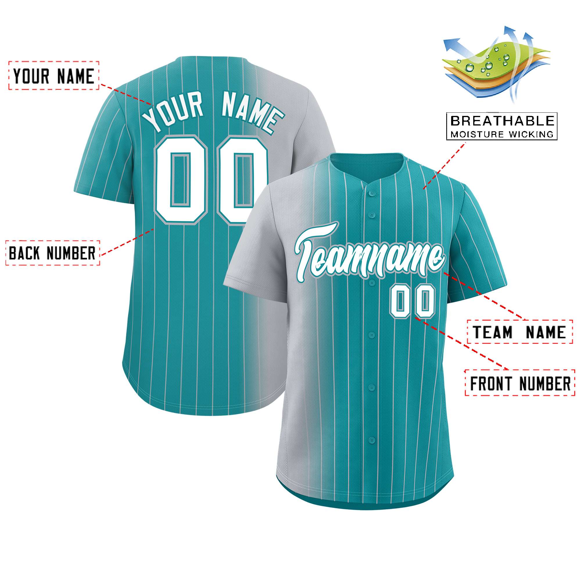 Custom Aqua Gray Pinstripe Personalized Gradient Authentic Baseball Jersey