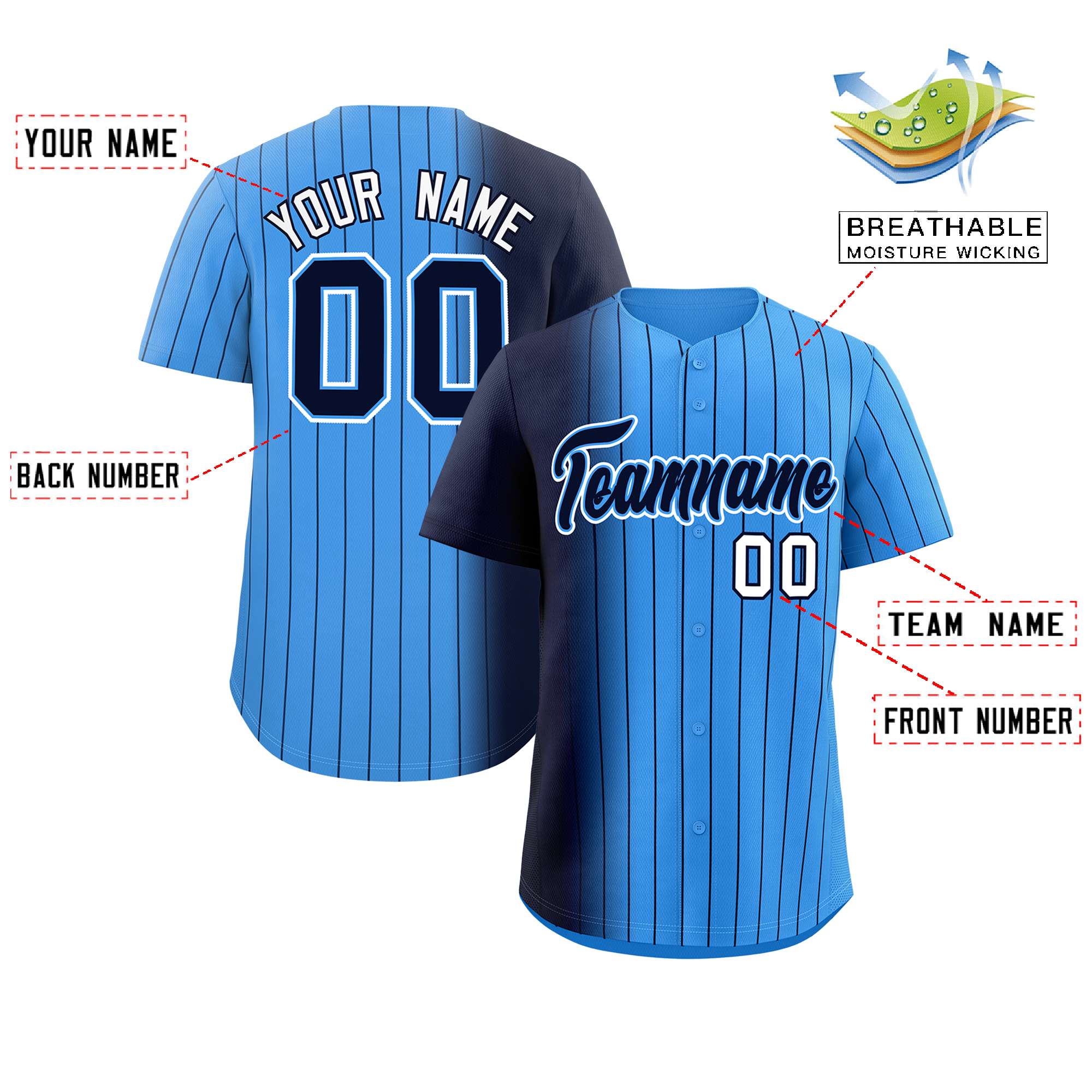 Custom Powder Blue Navy Pinstripe Personalized Gradient Authentic Baseball Jersey