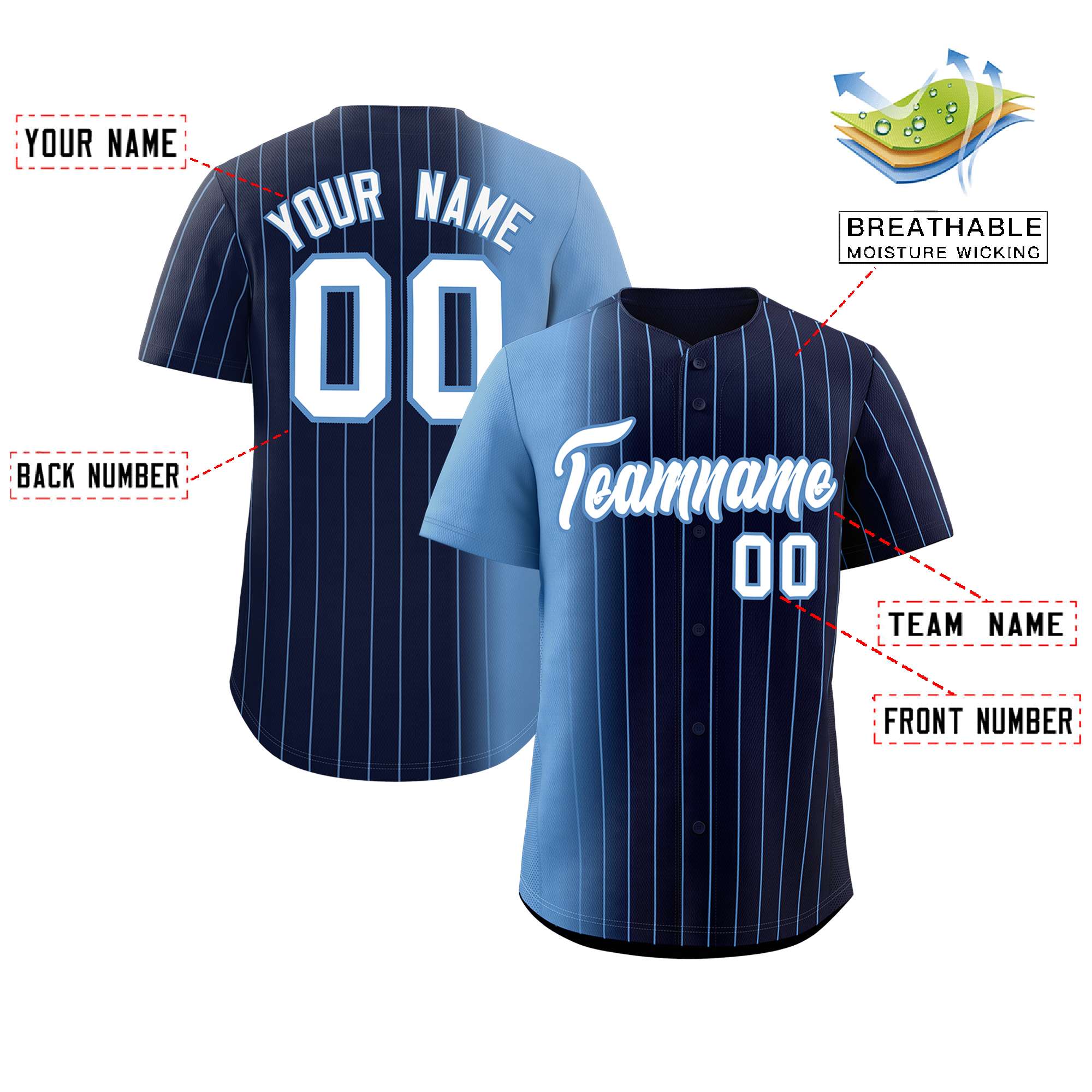 Custom Navy Light Blue Pinstripe Personalized Gradient Authentic Baseball Jersey