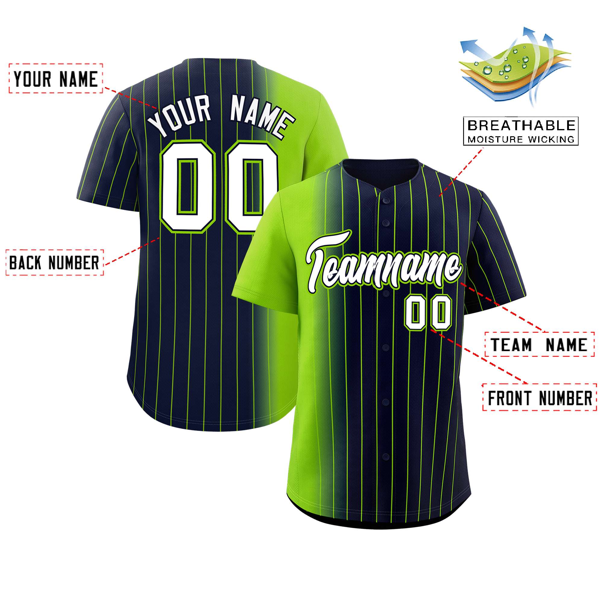 Custom Navy Neon Green Pinstripe Personalized Gradient Authentic Baseball Jersey