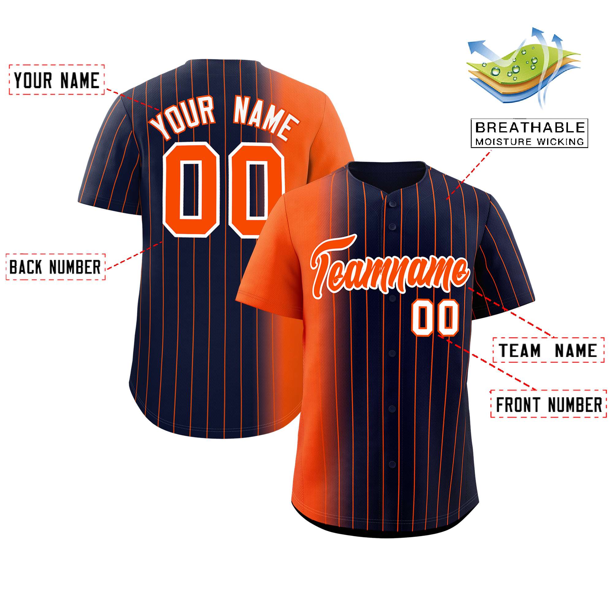 Custom Navy Orange Pinstripe Personalized Gradient Authentic Baseball Jersey