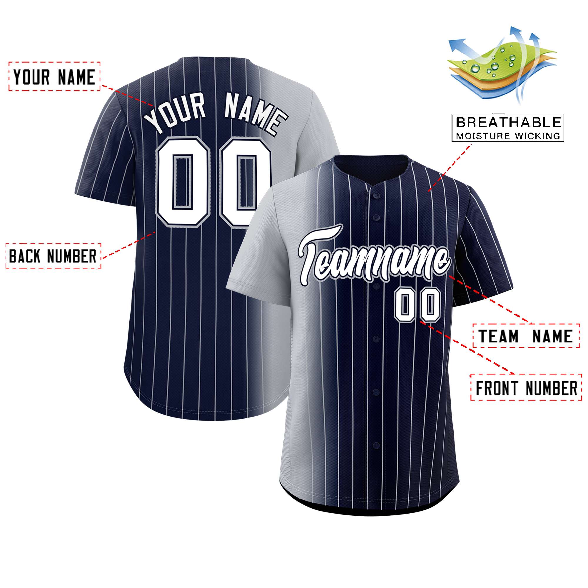 Custom Navy Gray Pinstripe Personalized Gradient Authentic Baseball Jersey