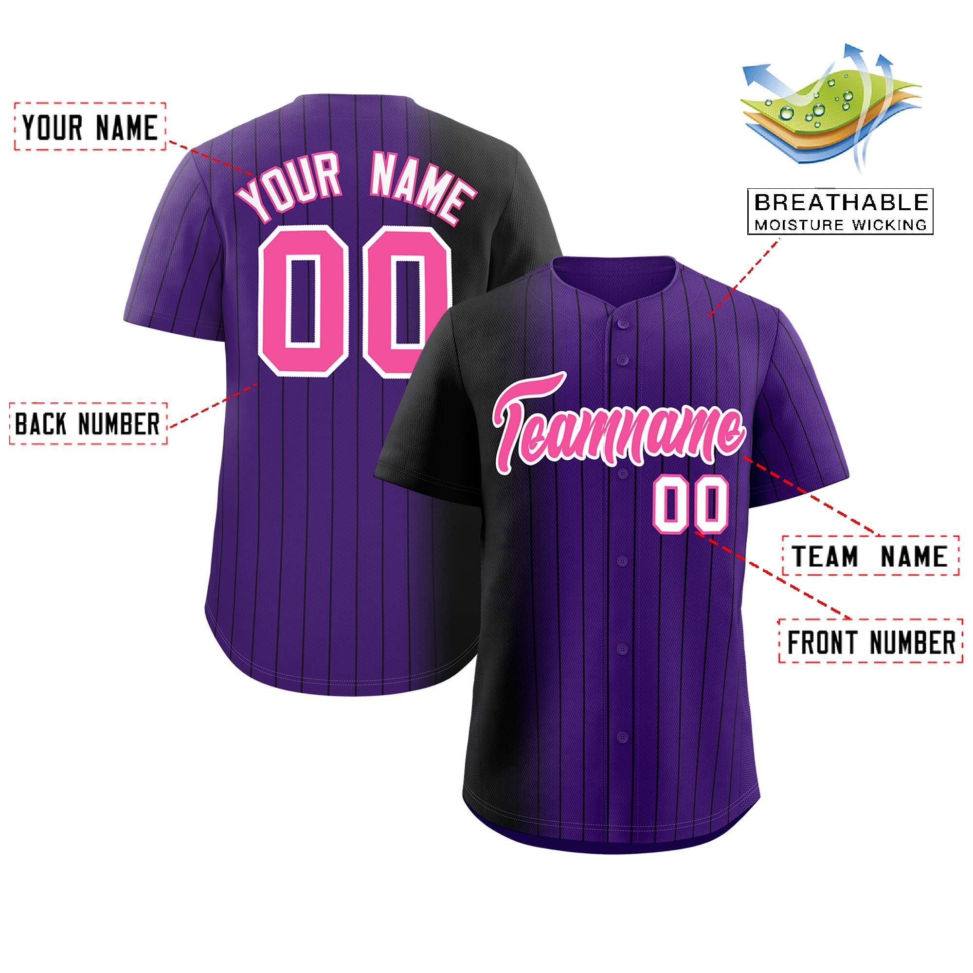 Custom Purple Black Pinstripe Personalized Gradient Authentic Baseball Jersey